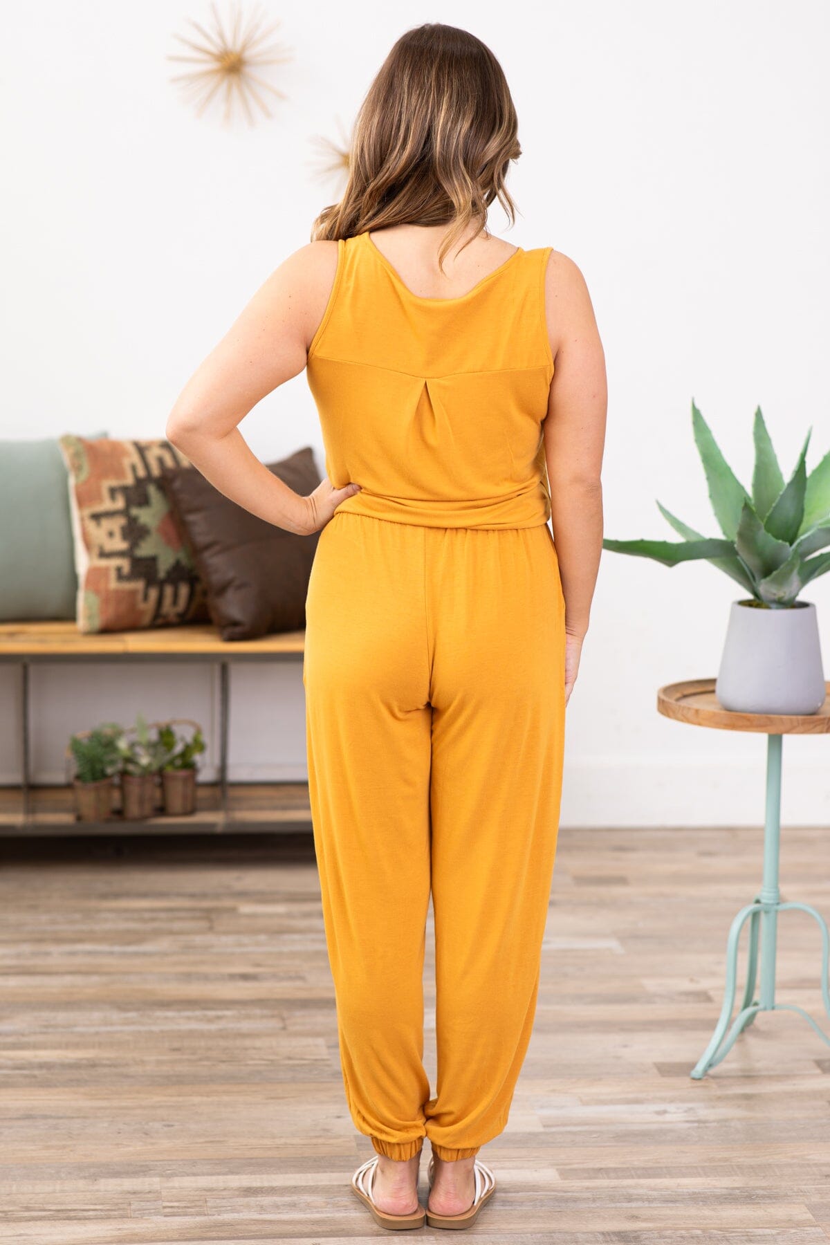 Mustard Drawstring Waist Knit Jumpsuit - Filly Flair