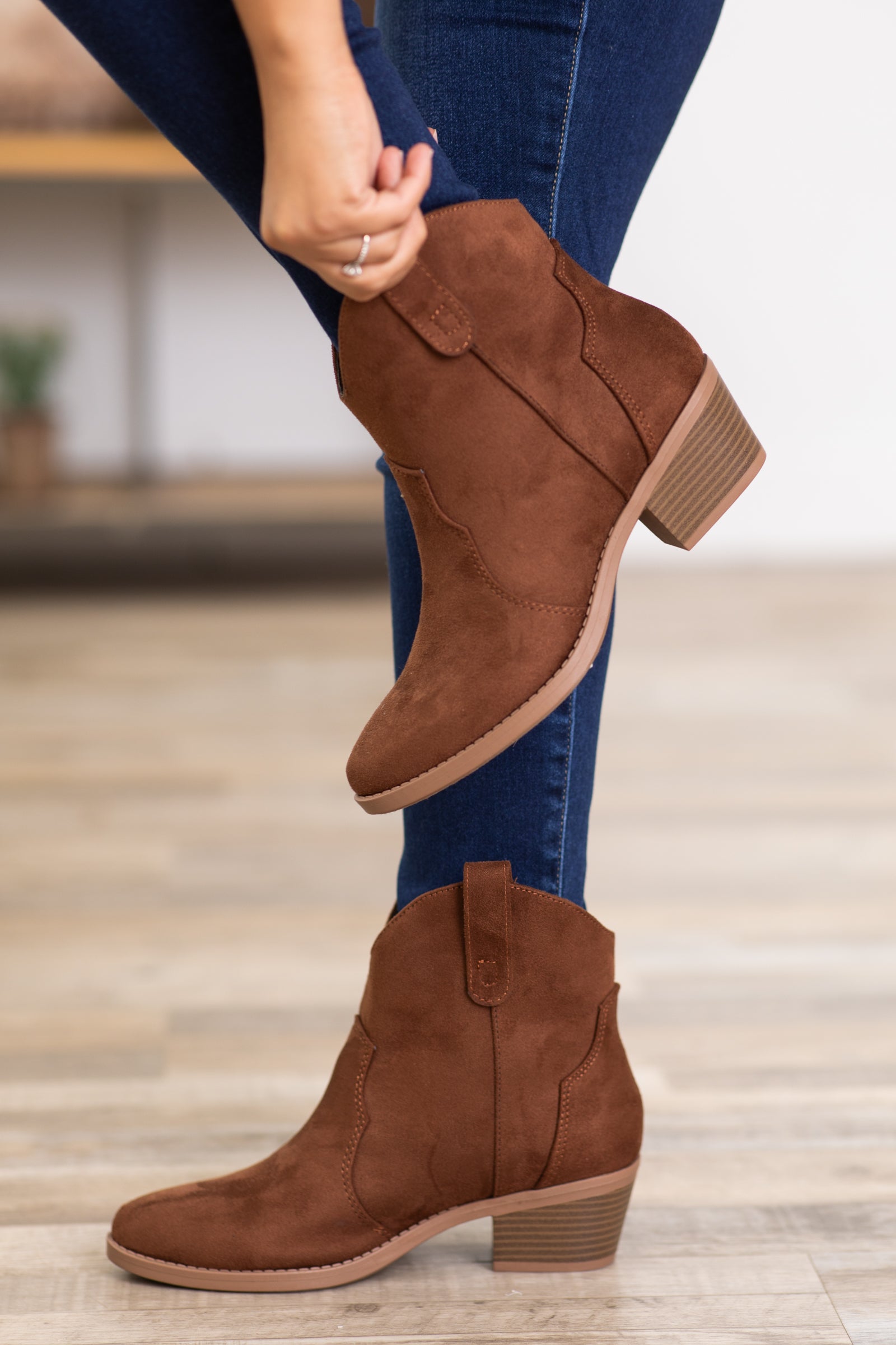Dark Cognac Faux Suede Western Booties · Filly Flair