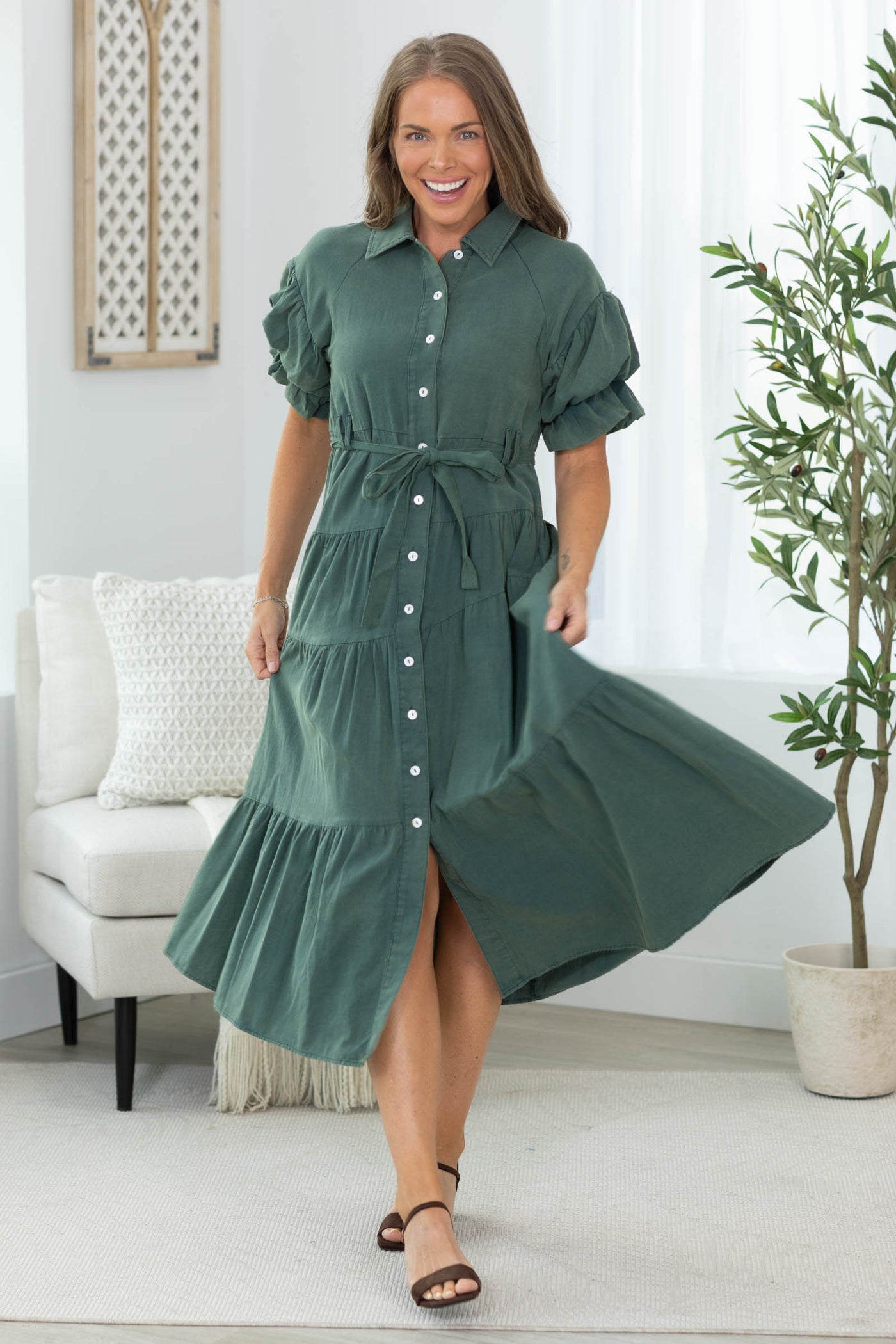 Dark Green Washed Button Shirt Dress With Tie Belt