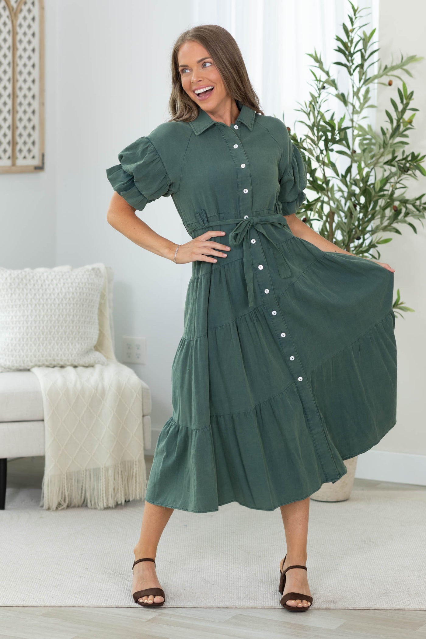 Dark Green Washed Button Shirt Dress With Tie Belt