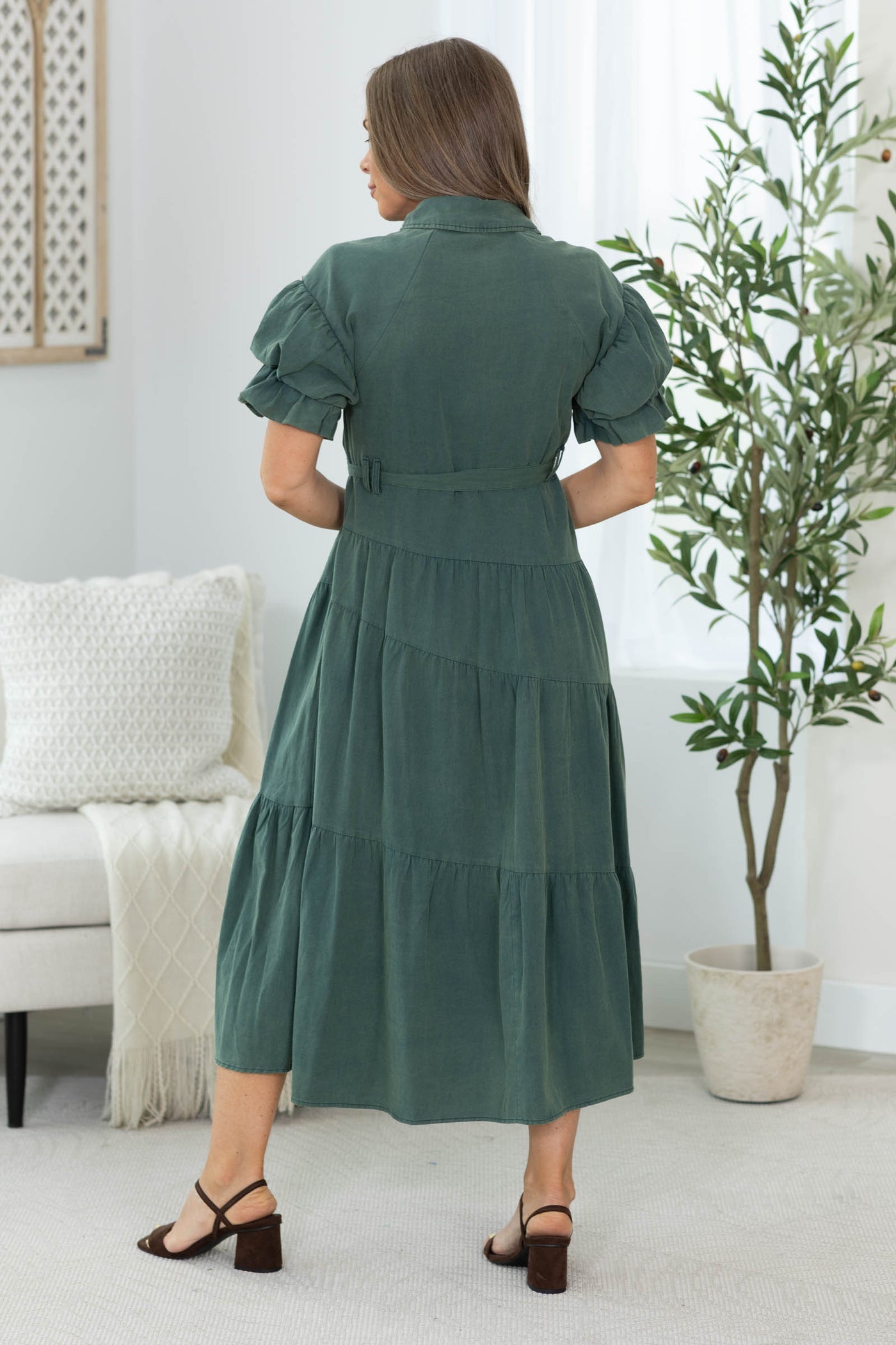 Dark Green Washed Button Shirt Dress With Tie Belt
