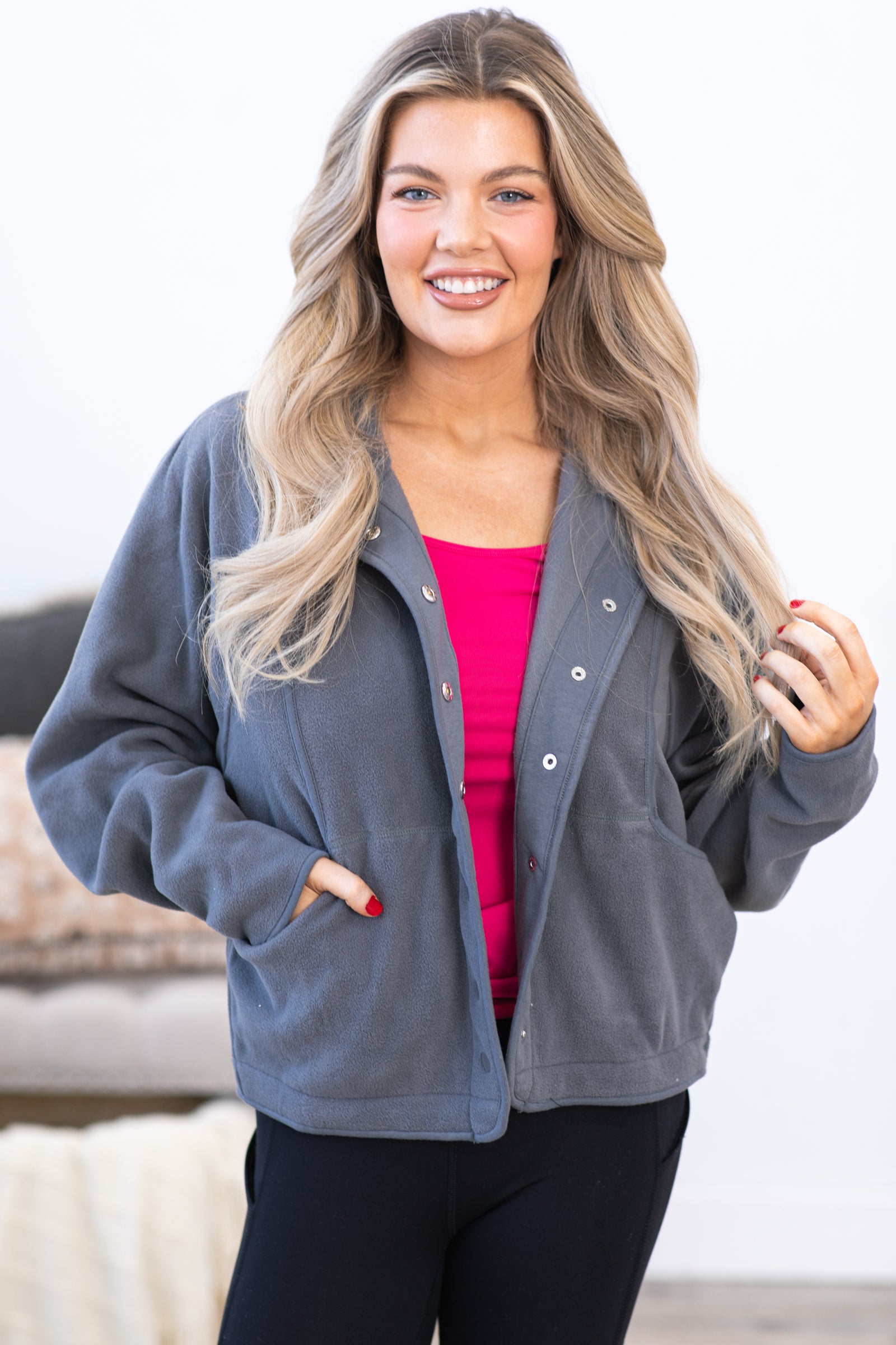 Grey Fleece Button Down Jacket with Pockets