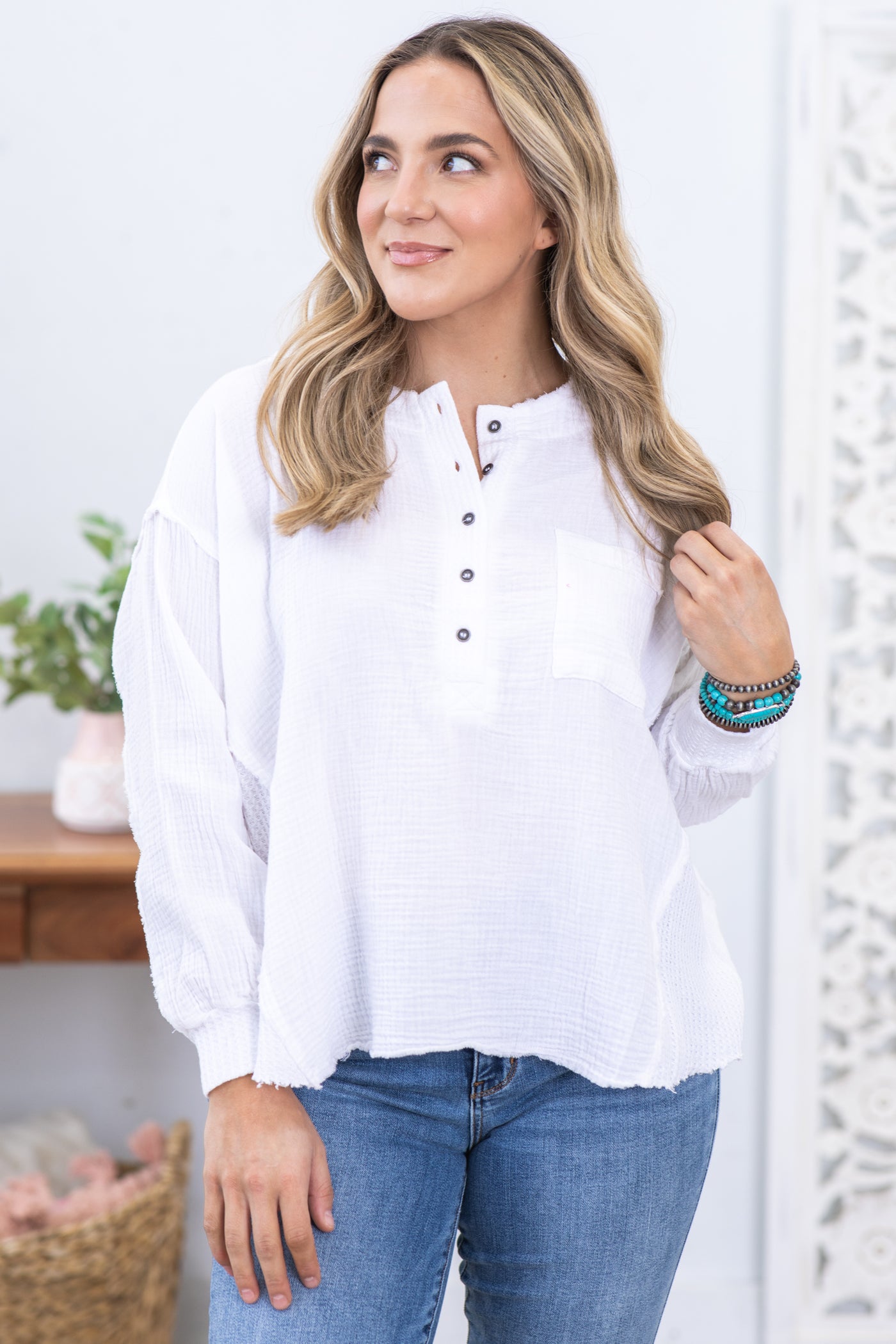 White Gauze Oversized Knit Top With Buttons