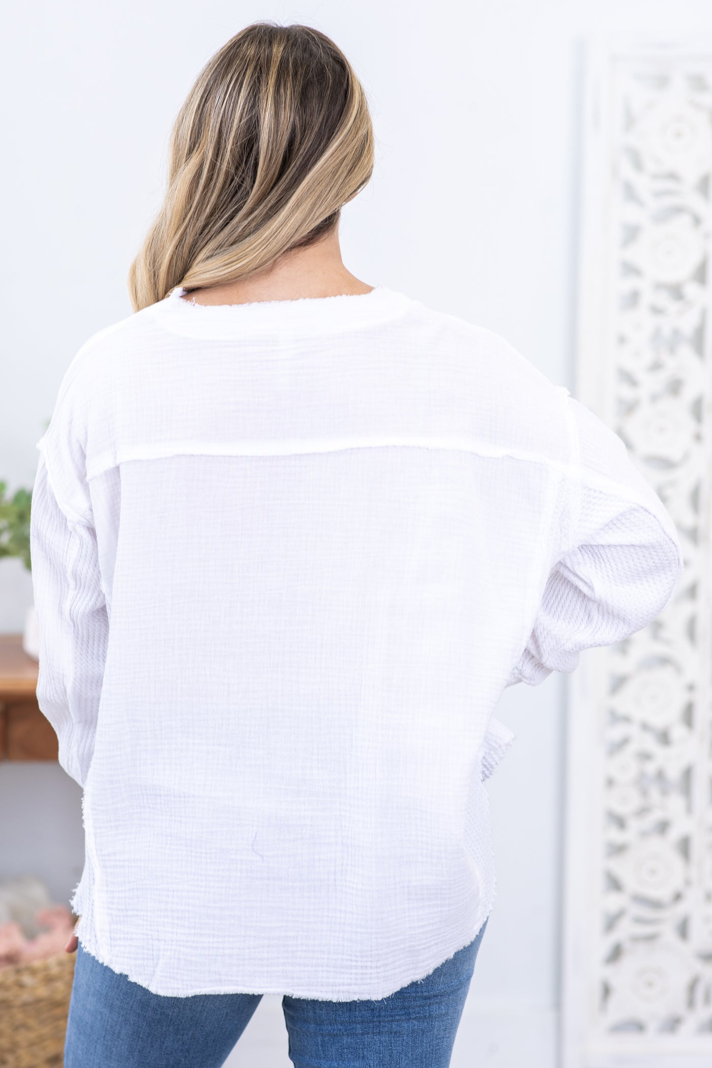 White Gauze Oversized Knit Top With Buttons