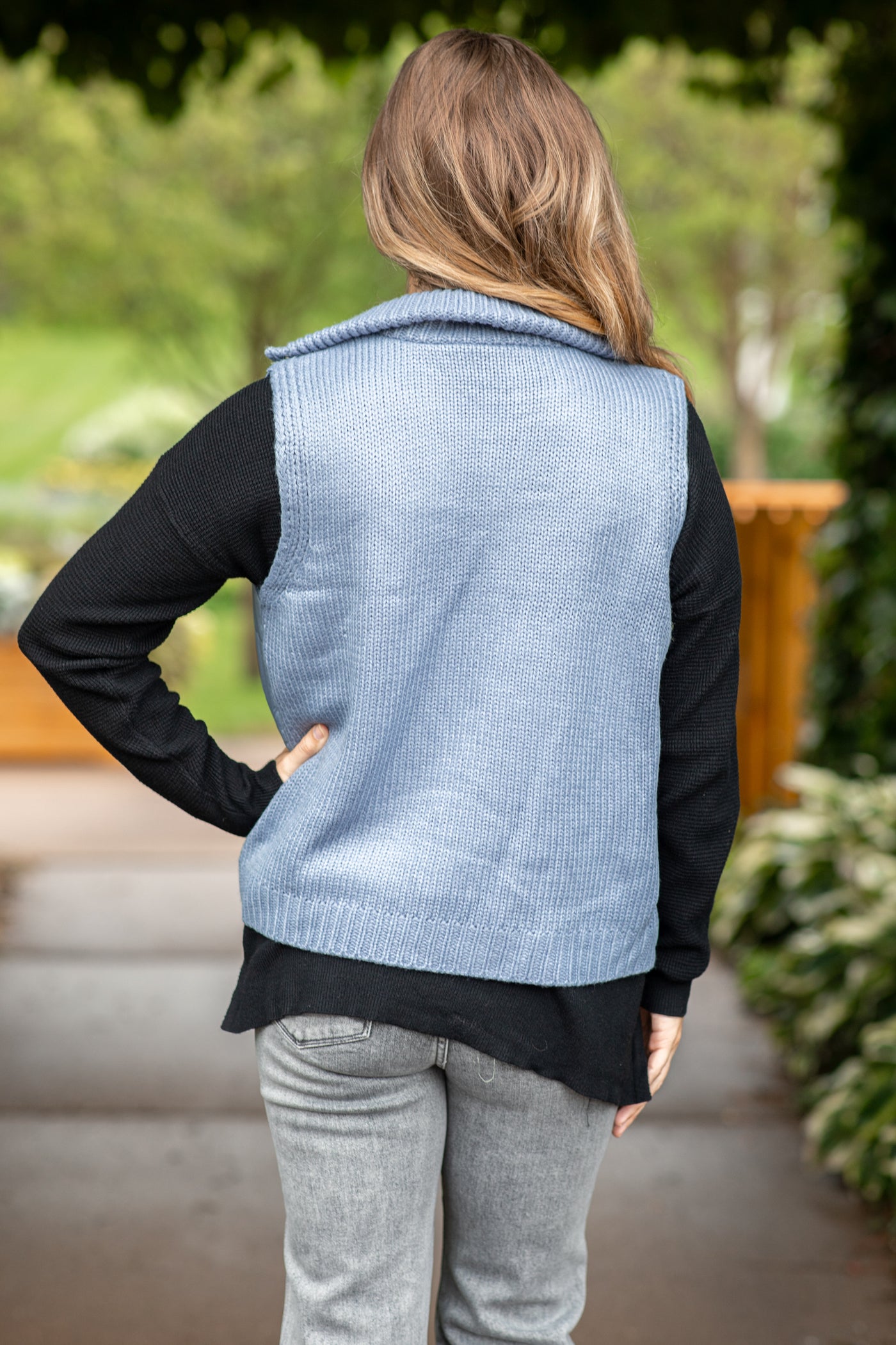 Dusty Blue Snap Front Vest With Sweater Back