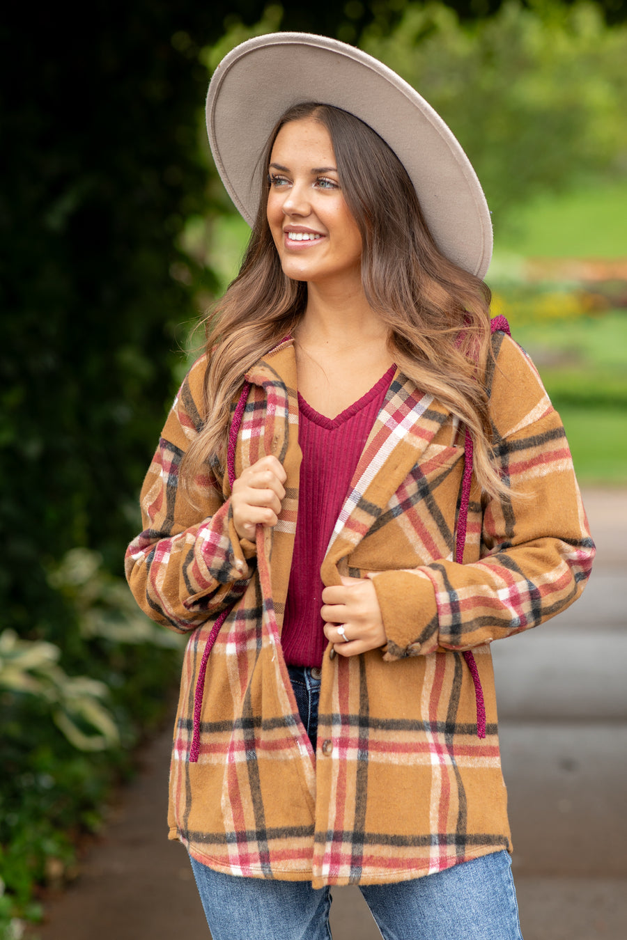 Cinnamon and Berry Hooded Plaid Shacket