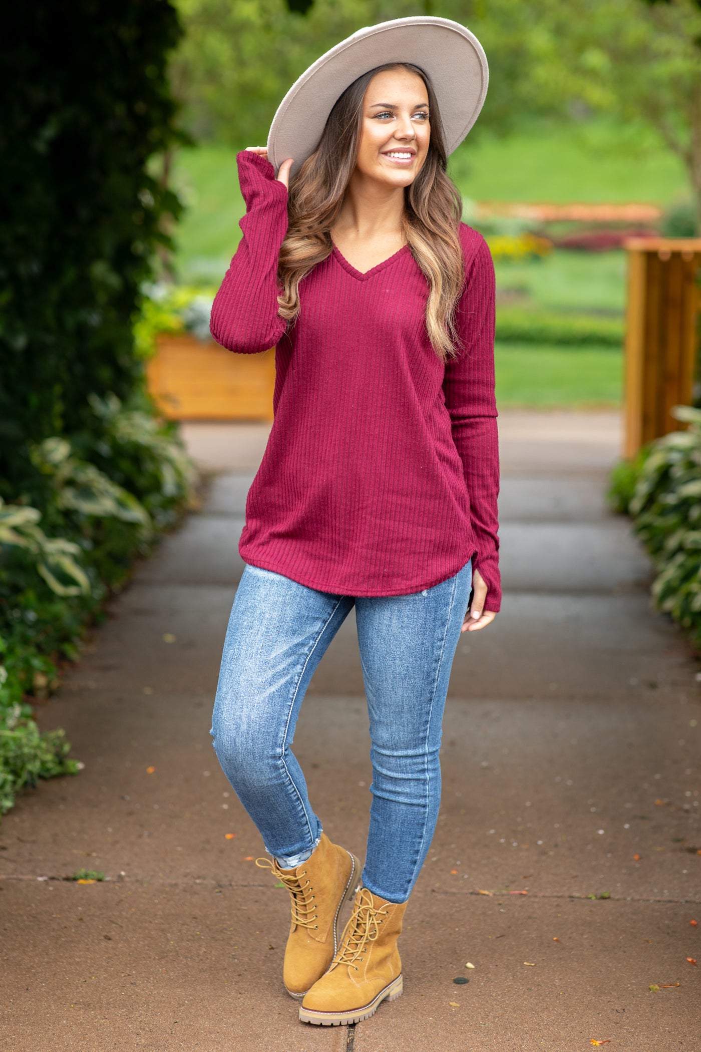 Burgundy V-Neck Ribbed Top With Thumbholes