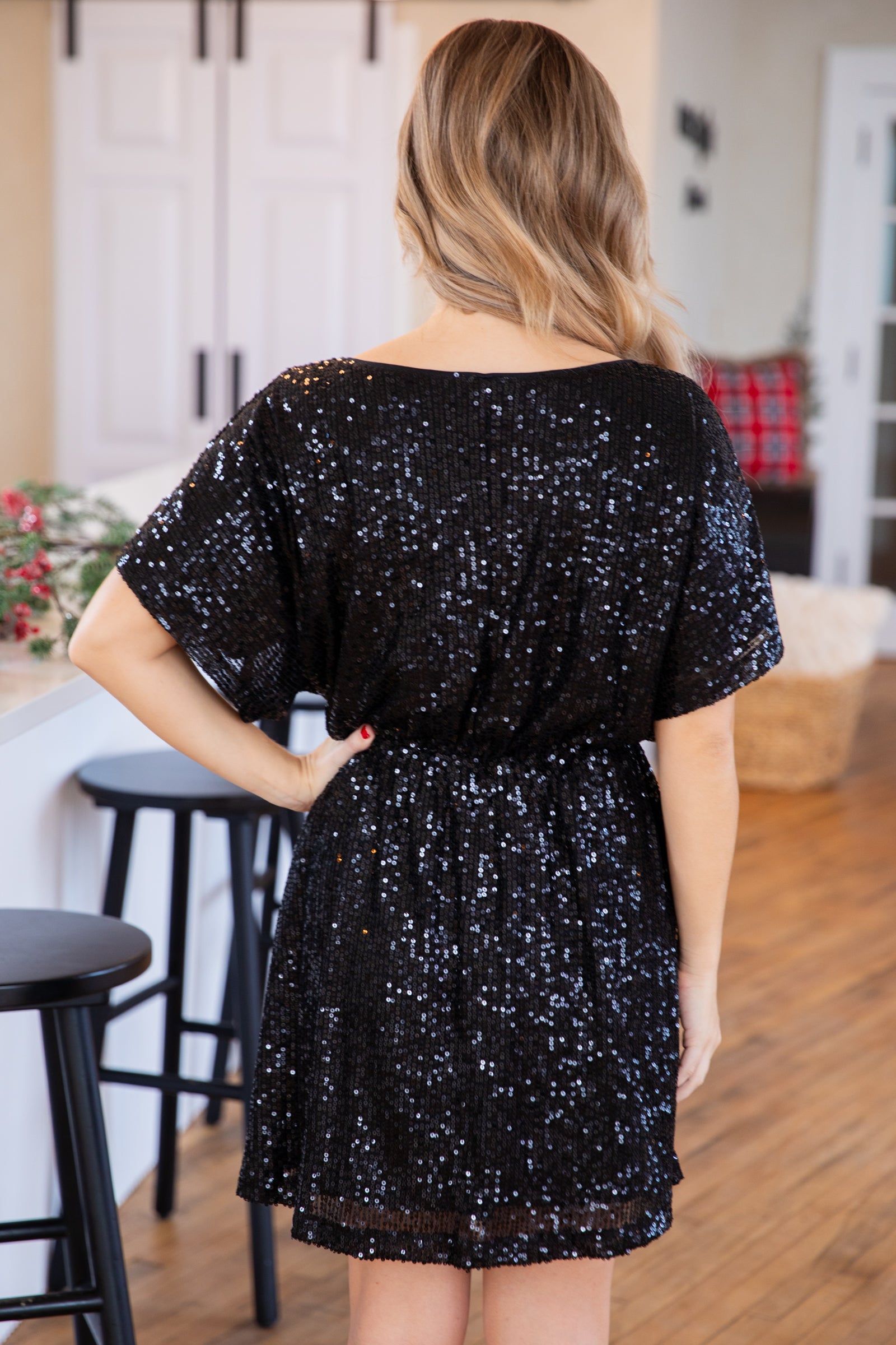 Black Sequin Elastic Waist Dress