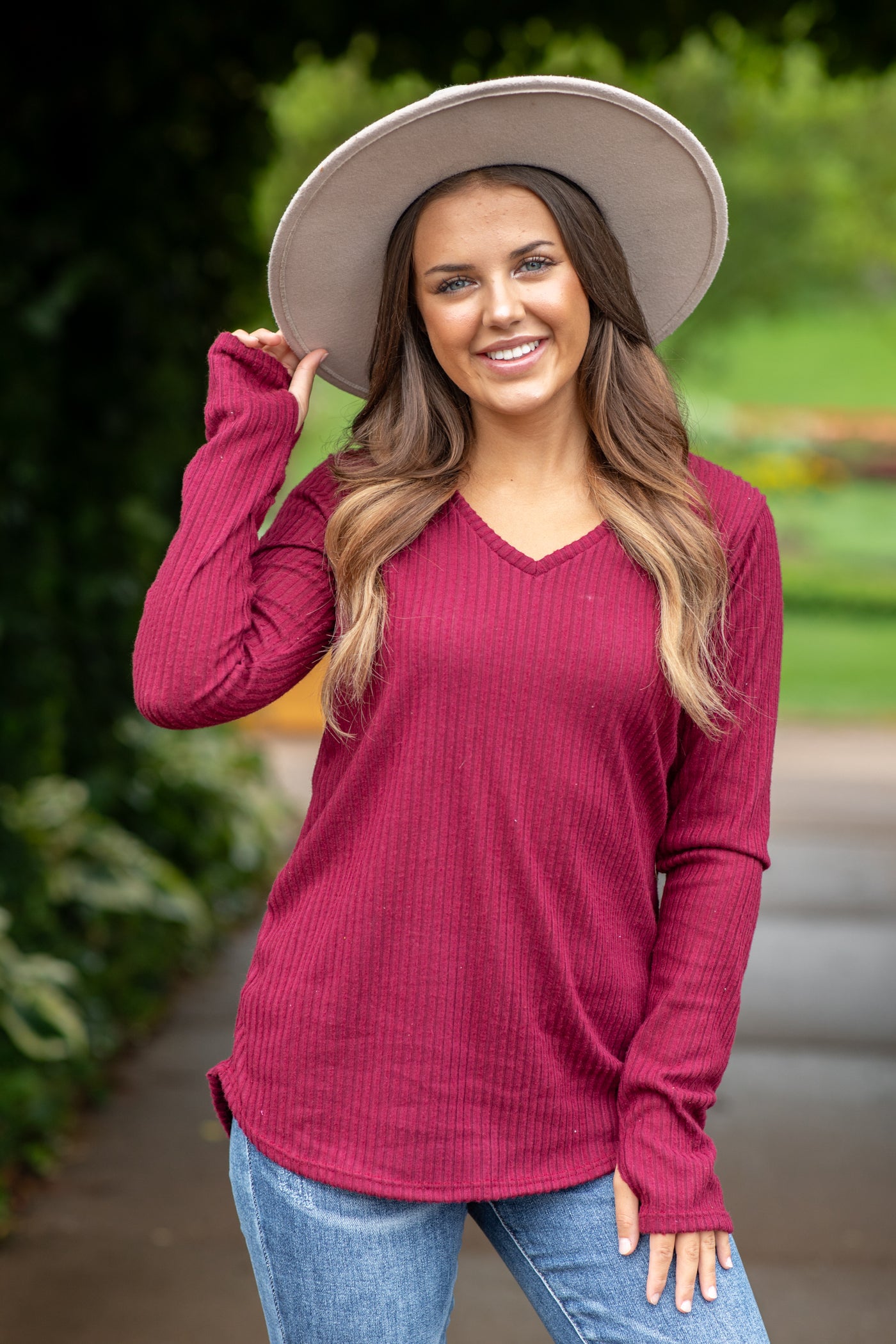 Burgundy V-Neck Ribbed Top With Thumbholes
