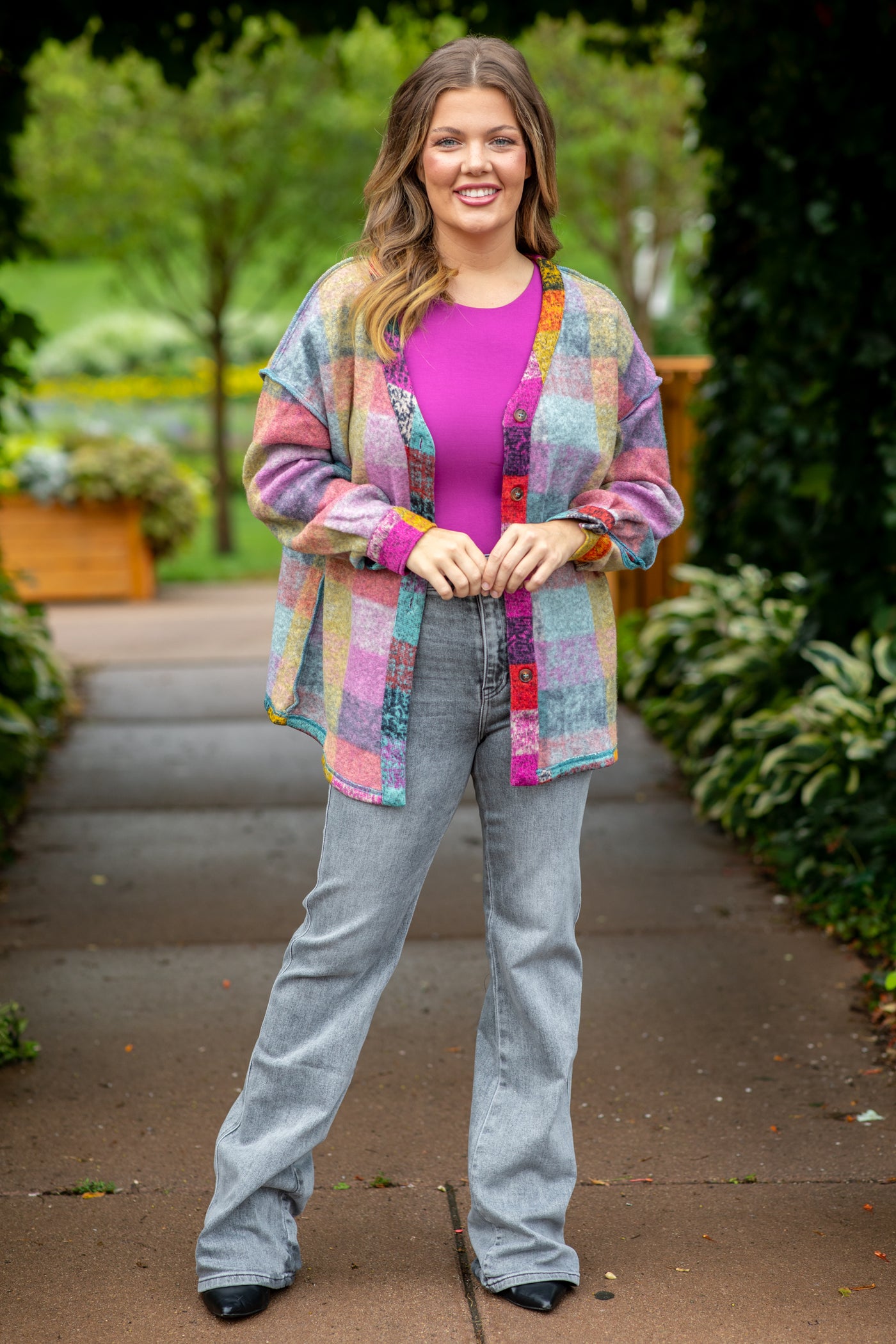 Orchid Multicolor Abstract Plaid Cardigan