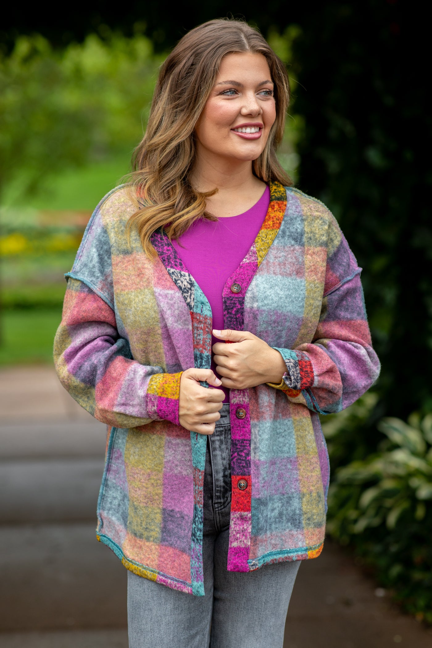 Orchid Multicolor Abstract Plaid Cardigan