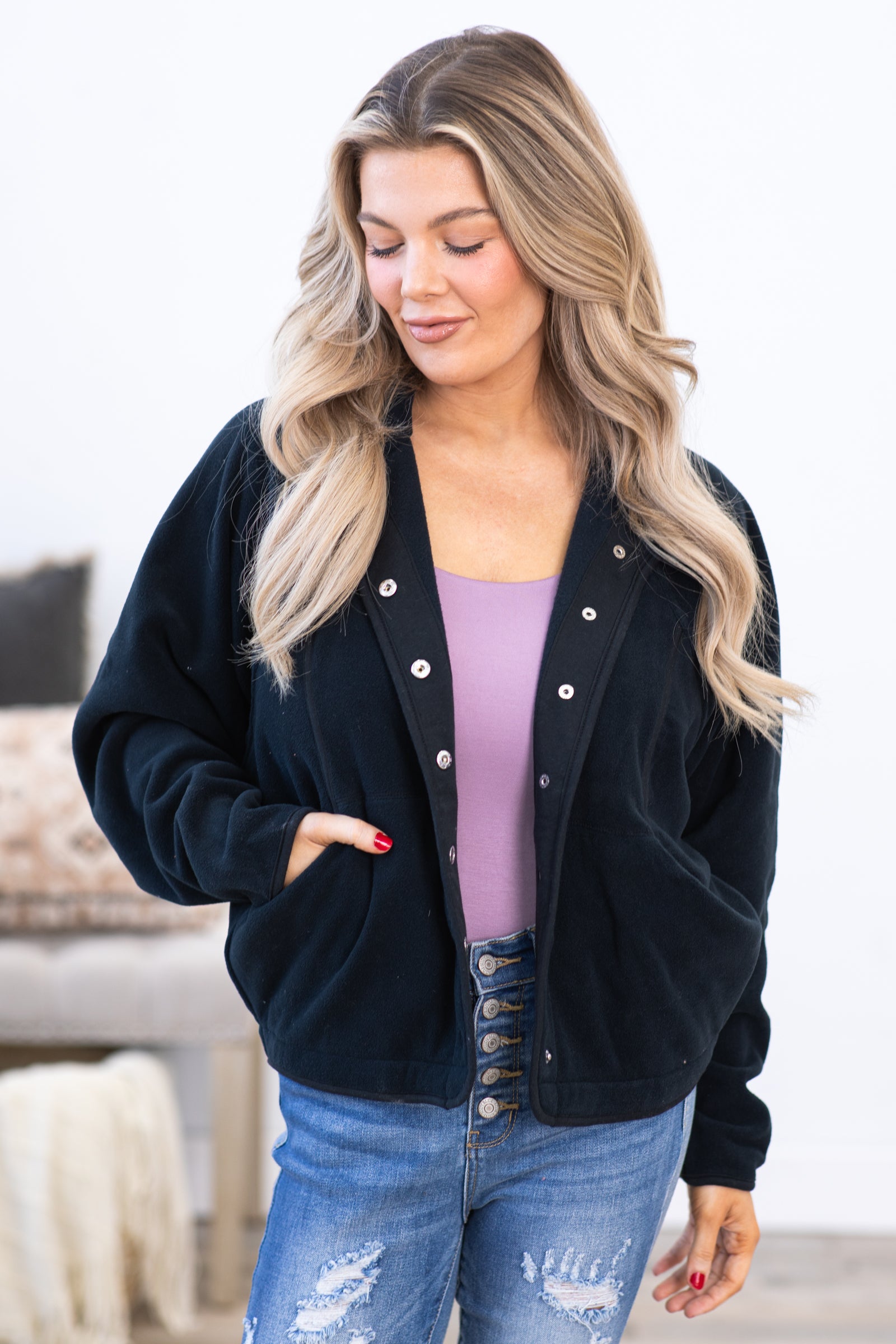 Navy Fleece Button Down Jacket With Pockets