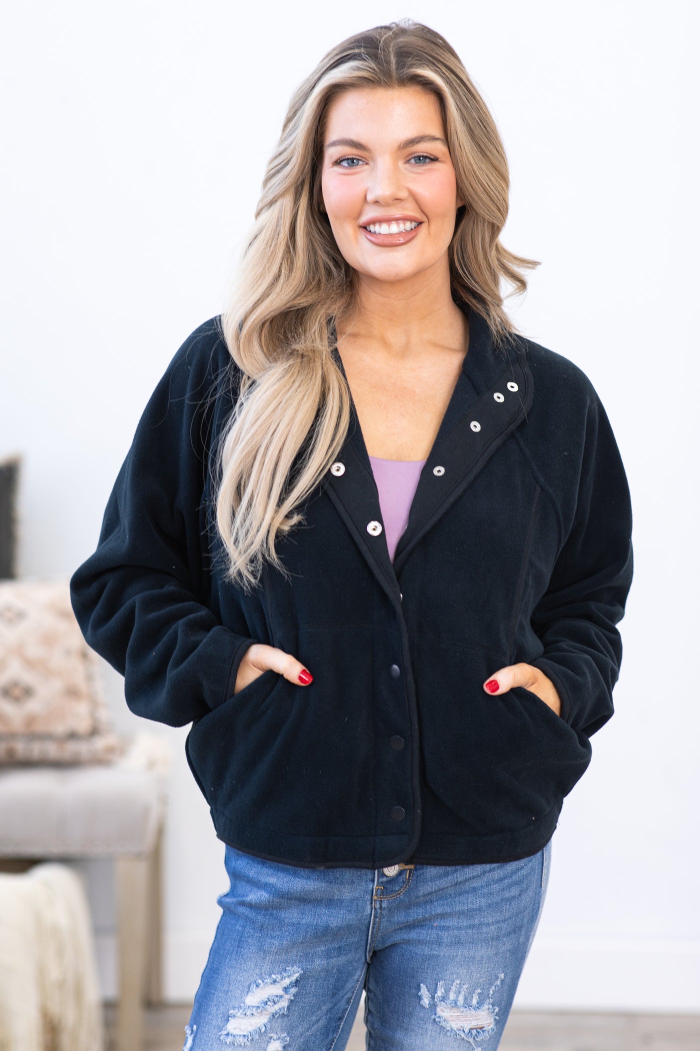 Navy Fleece Button Down Jacket With Pockets