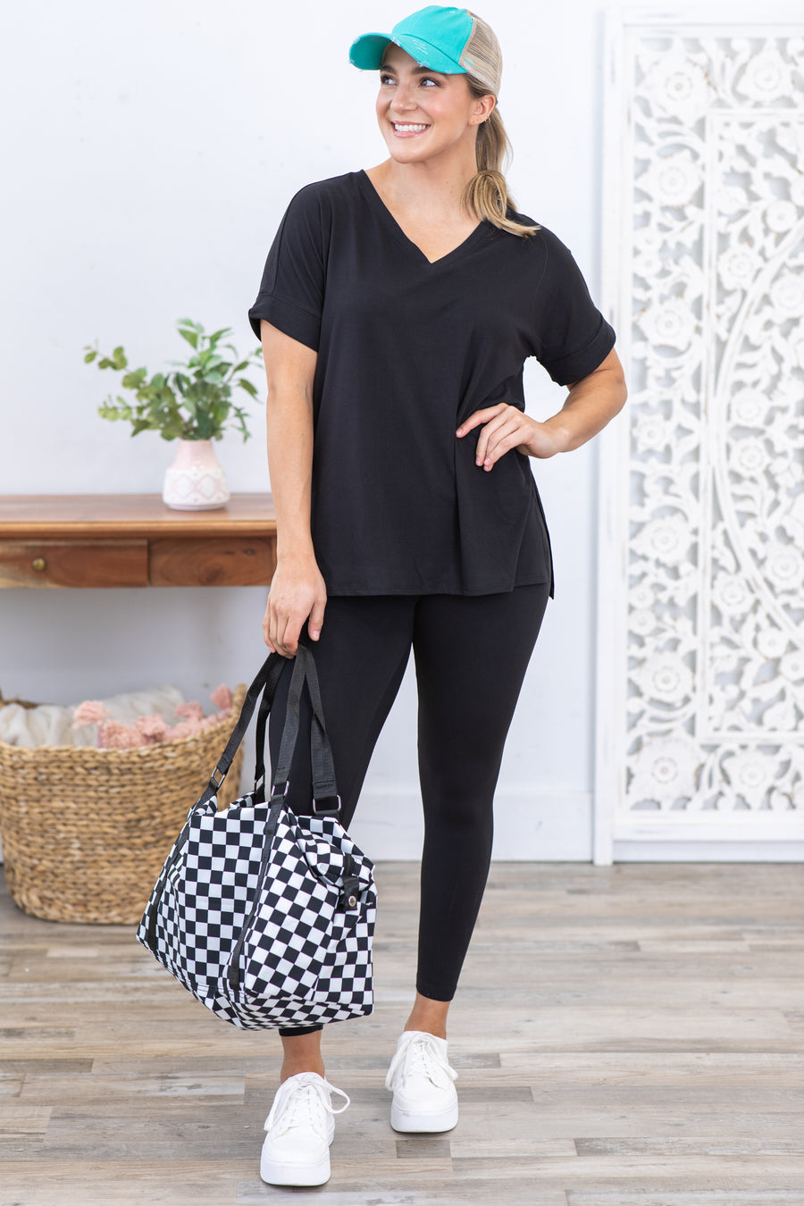 Black V-Neck Short Sleeve Top and Legging Set