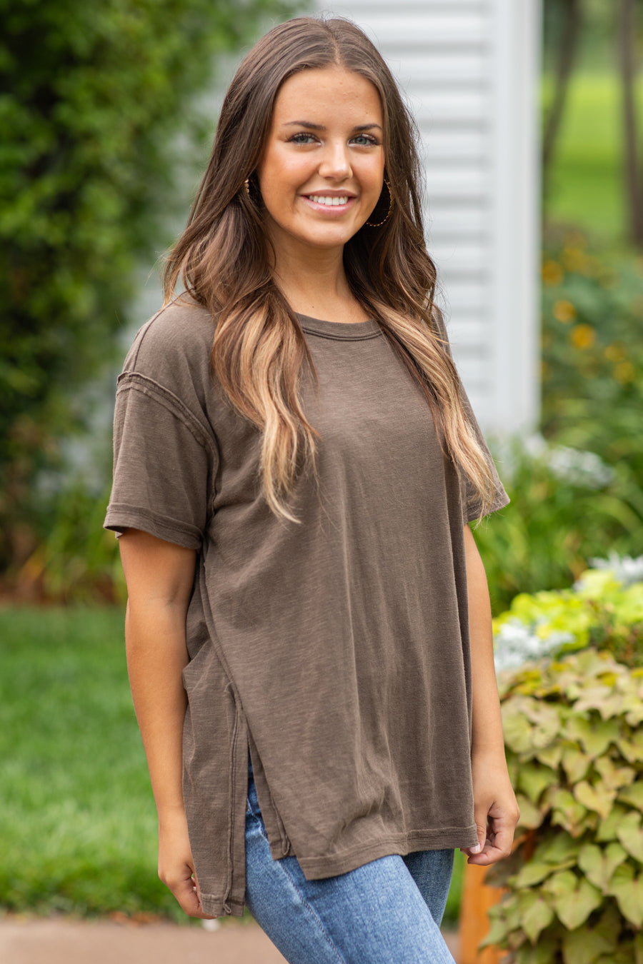 Brown Washed Top With Side Slits