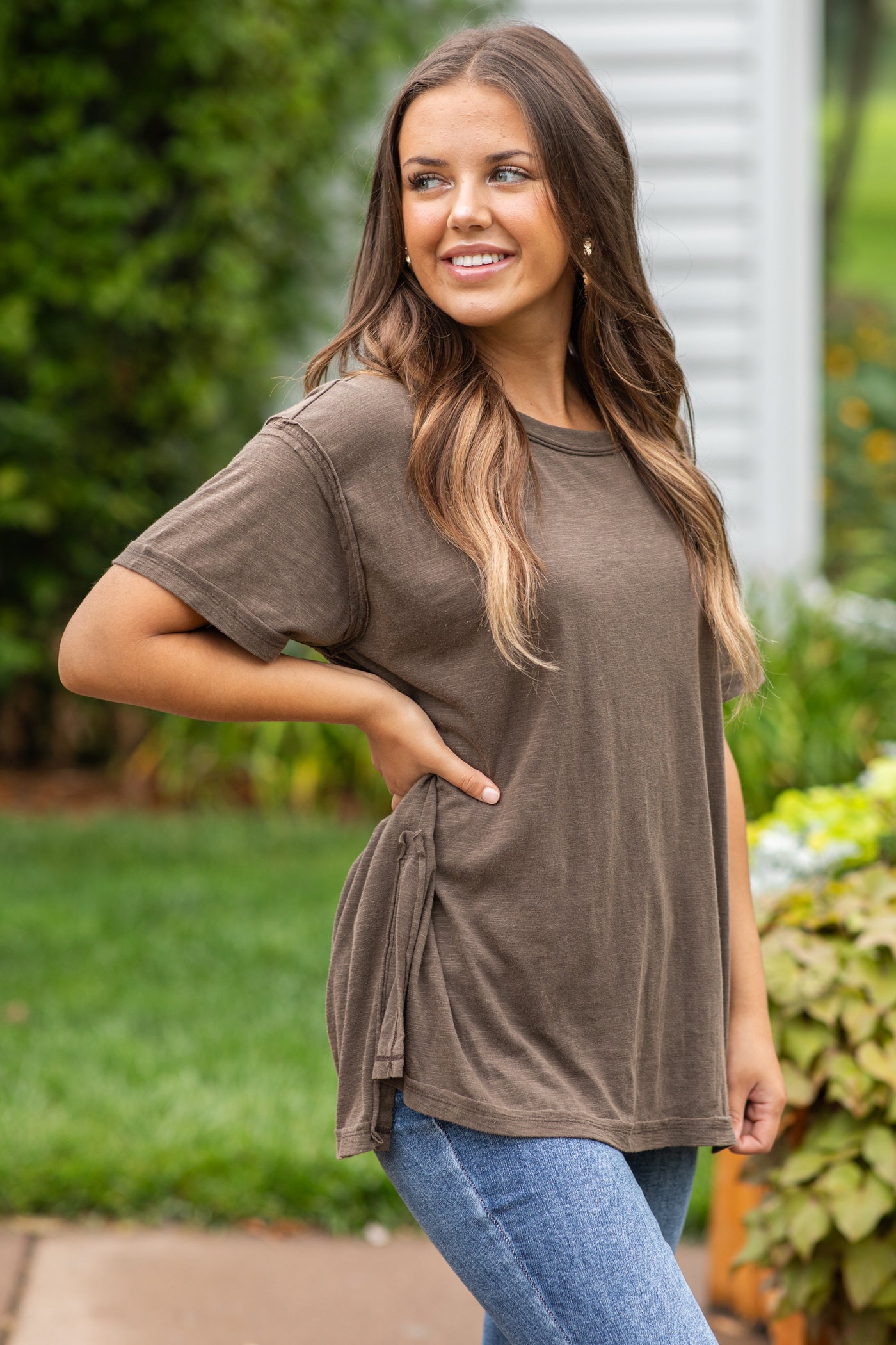 Brown Washed Top With Side Slits