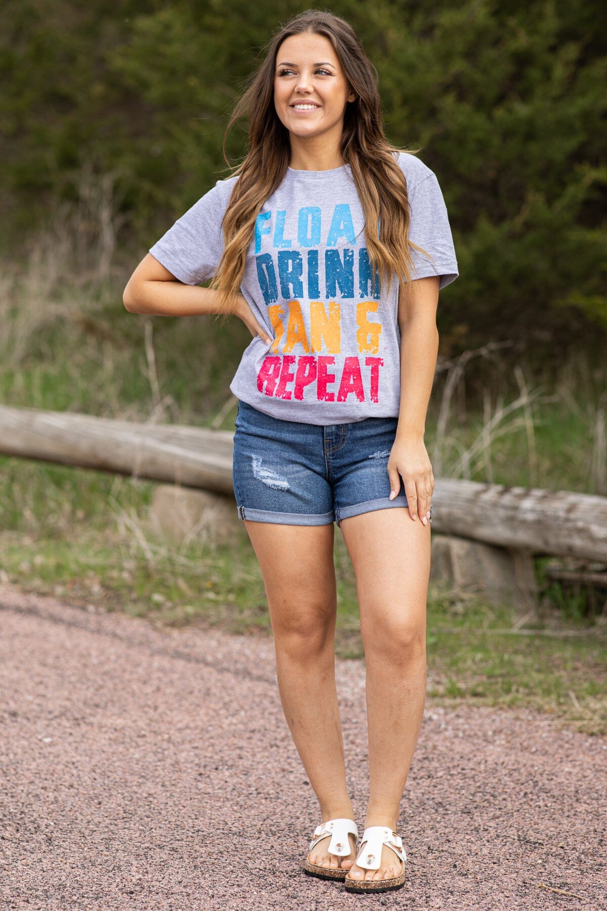 Grey Float Drink Tan Repeat Graphic Tee - Filly Flair