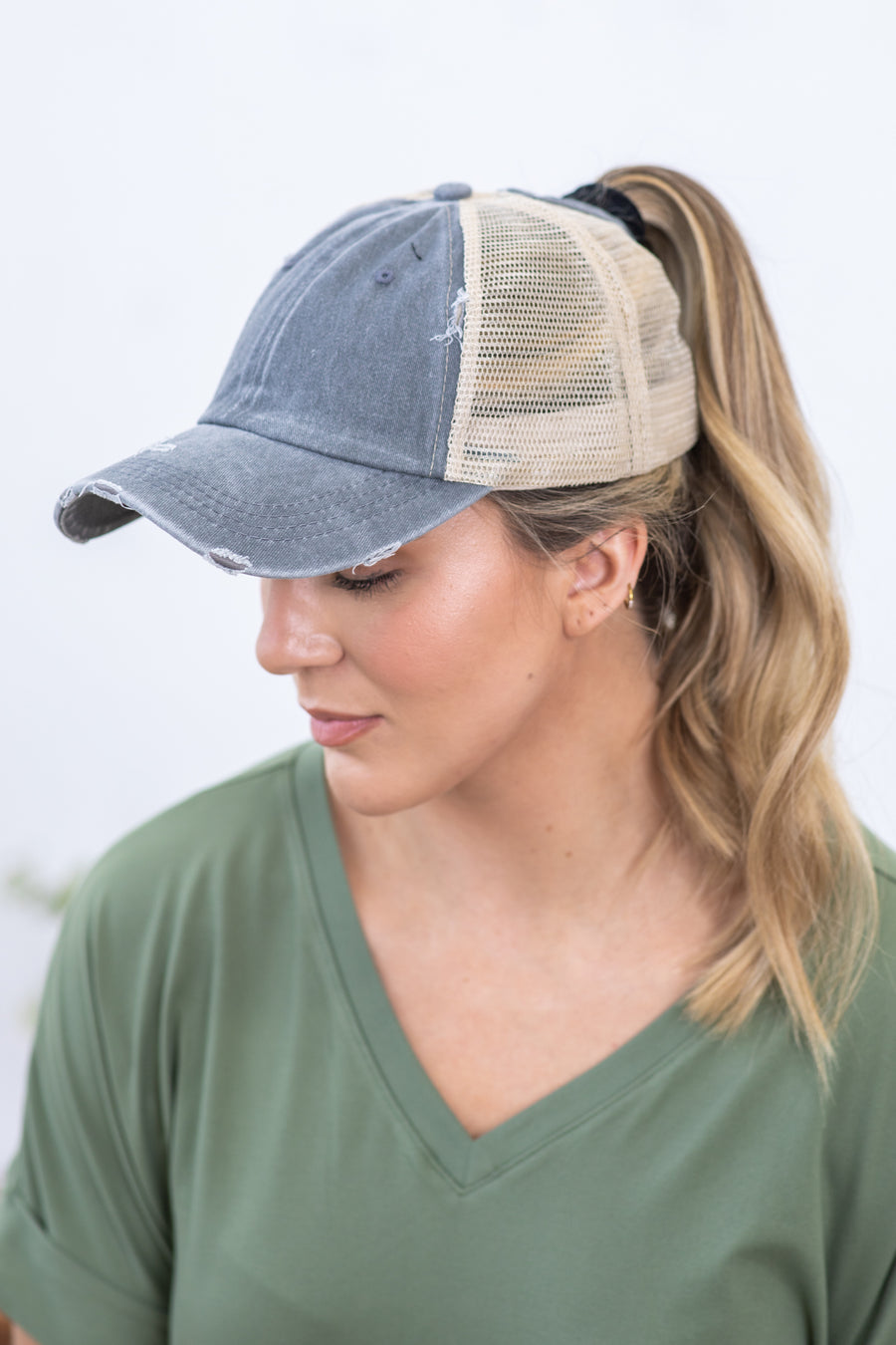 Grey Messy Bun Ponytail Hat