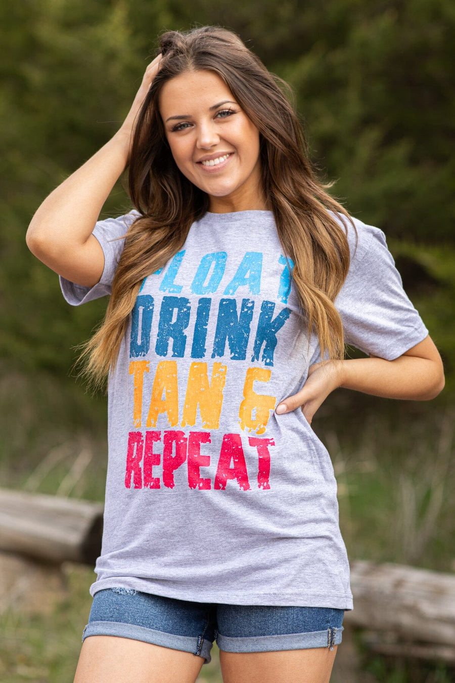 Grey Float Drink Tan Repeat Graphic Tee - Filly Flair