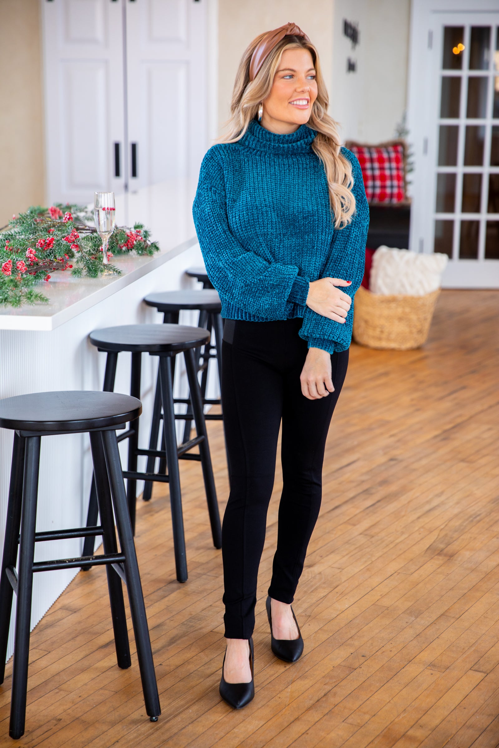 Teal Chenille Turtleneck Sweater