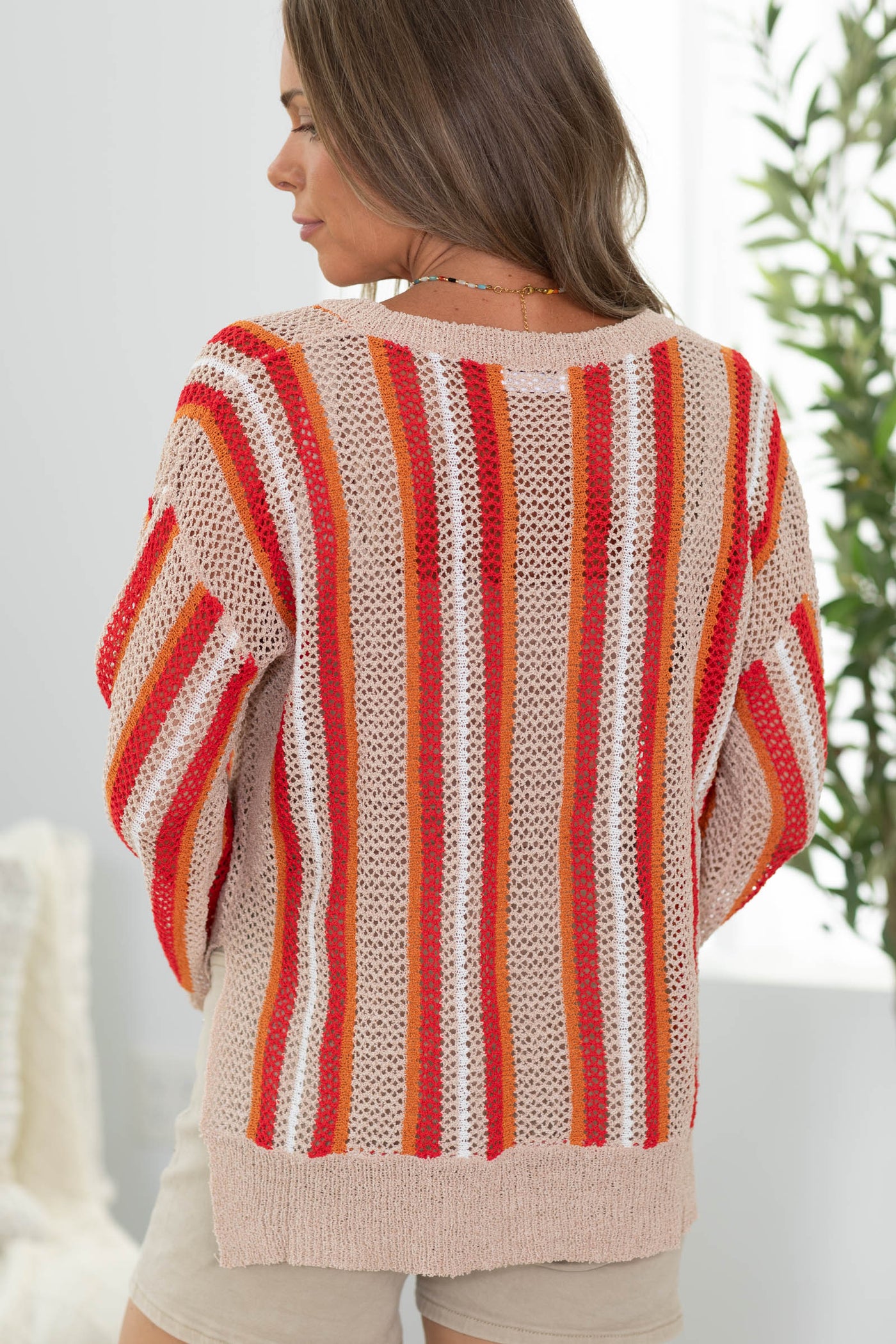 Taupe Open Knit V Neck Striped Sweater