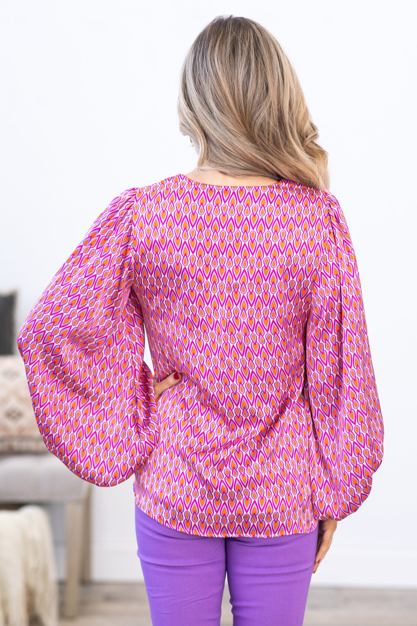 Pink Geometric Print V-Neck Long Sleeve Top
