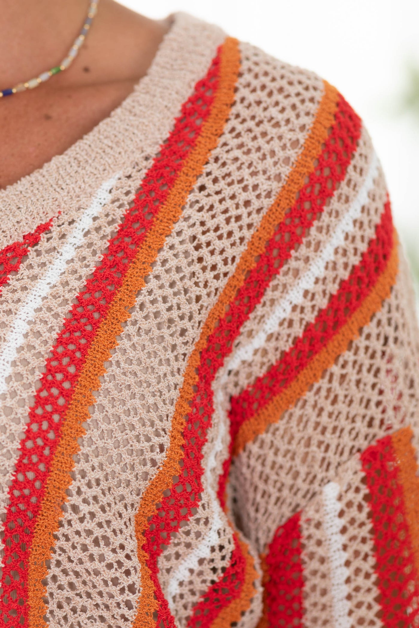 Taupe Open Knit V Neck Striped Sweater