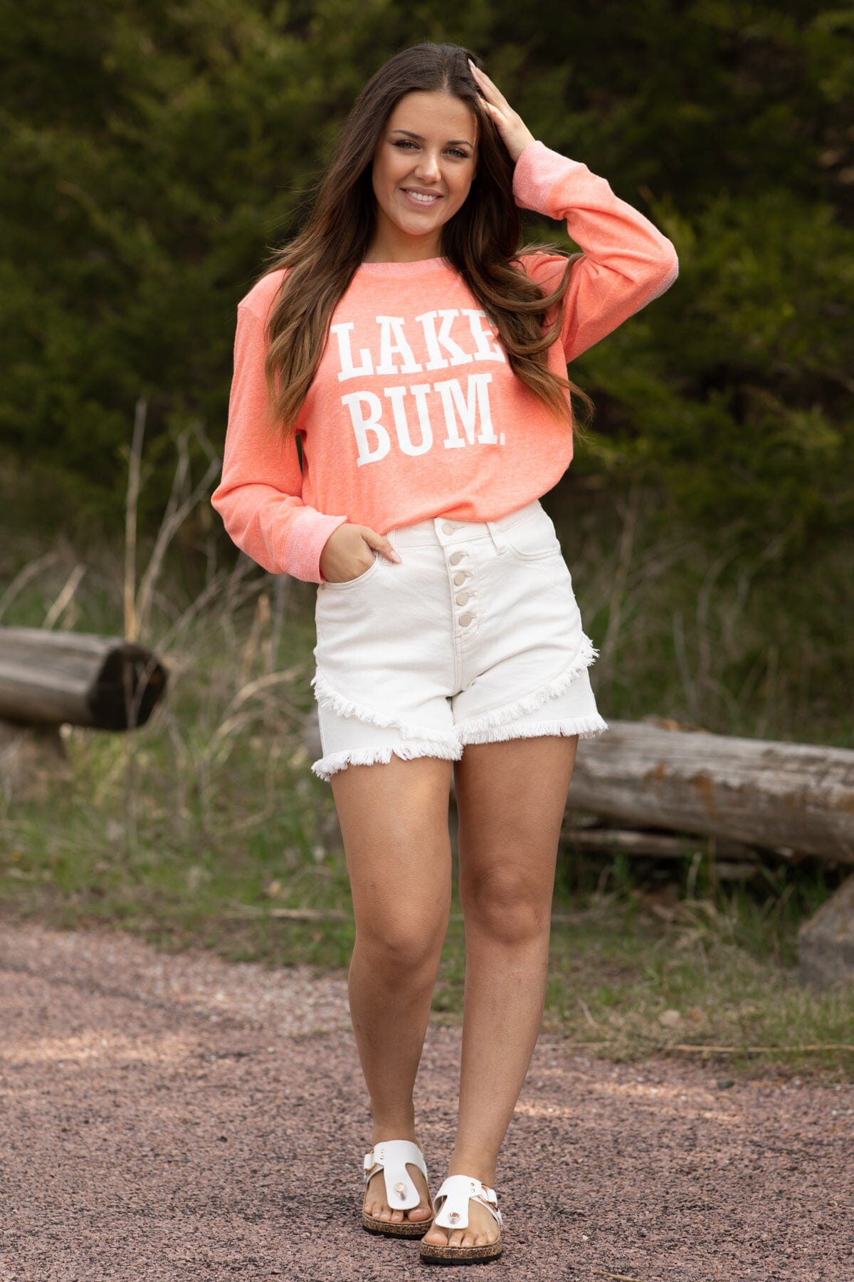 Neon Coral Lake Bum Graphic Long Sleeve Tee - Filly Flair