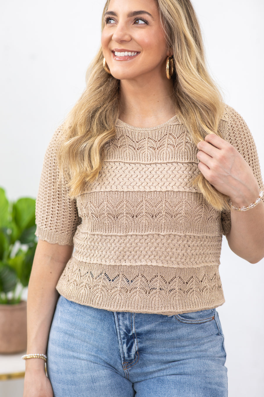 Tan And Gold Lurex Sweater Knit Top