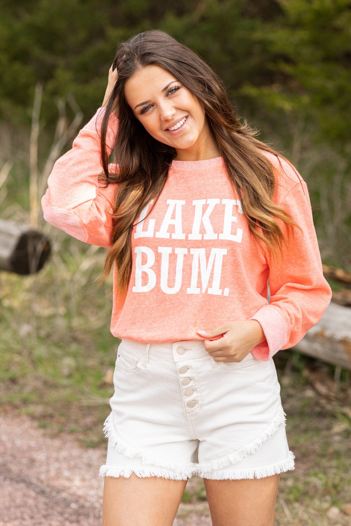 Neon Coral Lake Bum Graphic Long Sleeve Tee - Filly Flair