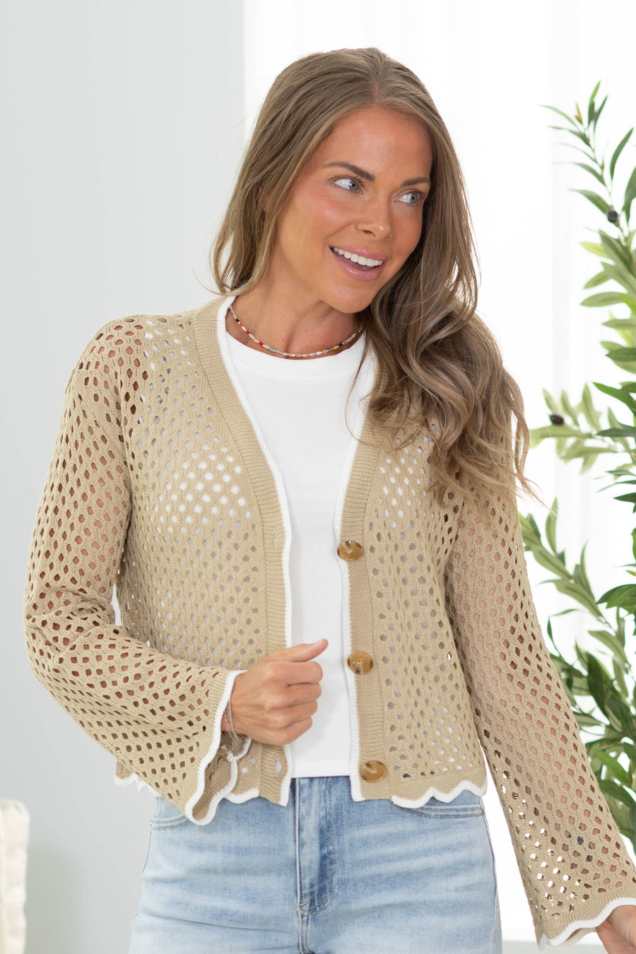 Taupe With Ivory Trim Sweater Cardigan