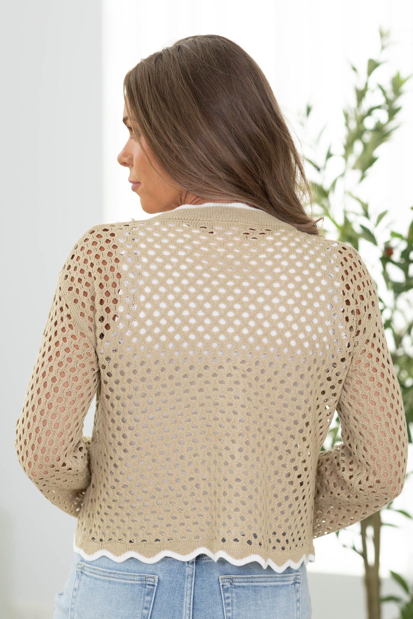 Taupe With Ivory Trim Sweater Cardigan