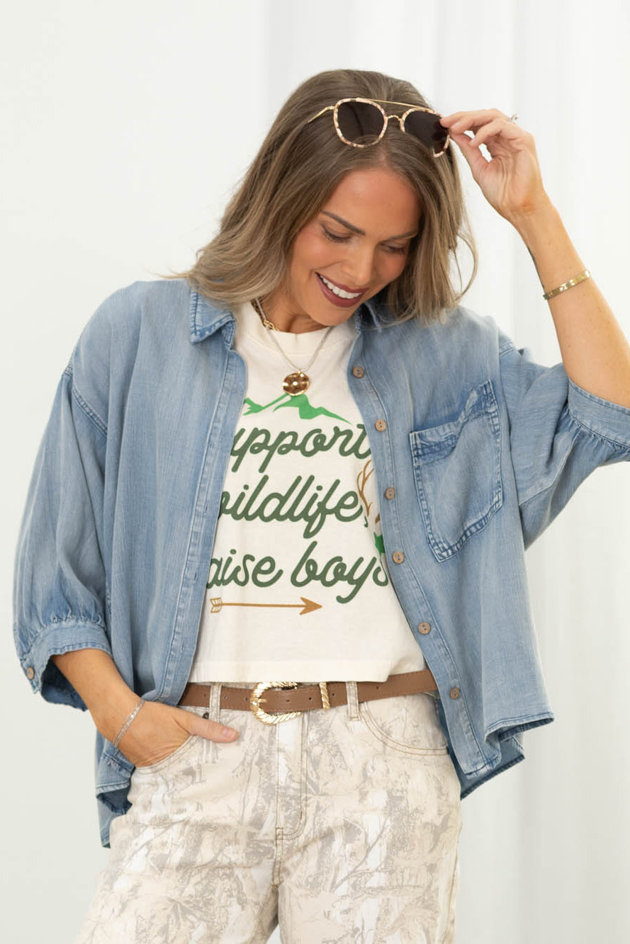 Light Chambray Front Pocket Button Up Top