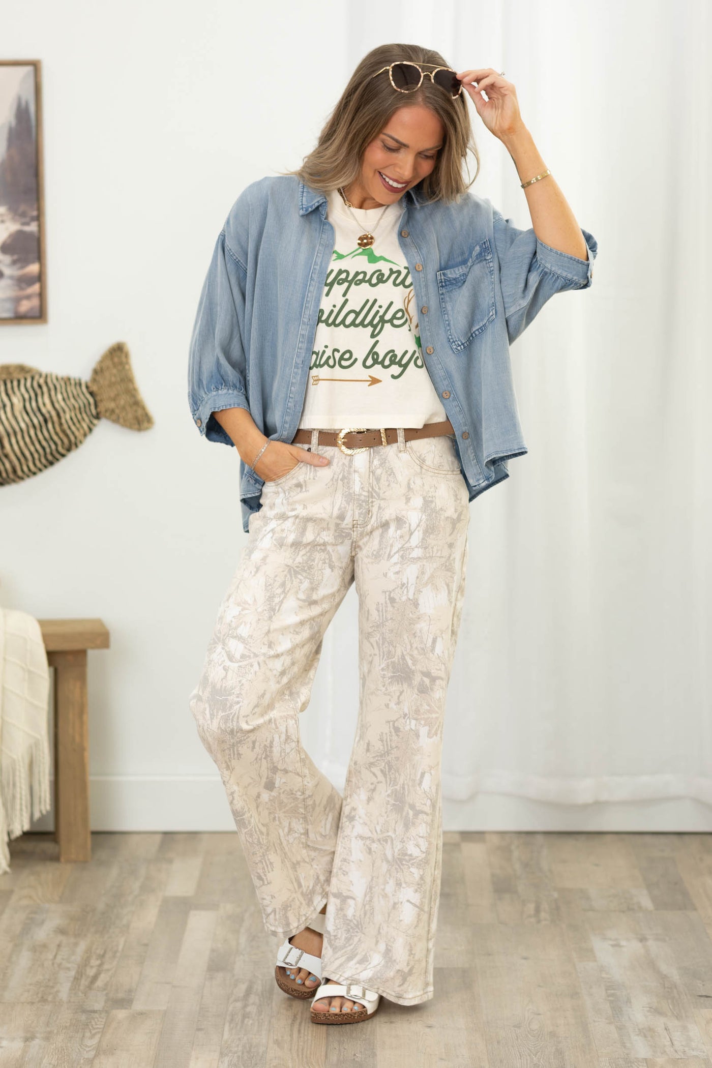 Light Chambray Front Pocket Button Up Top