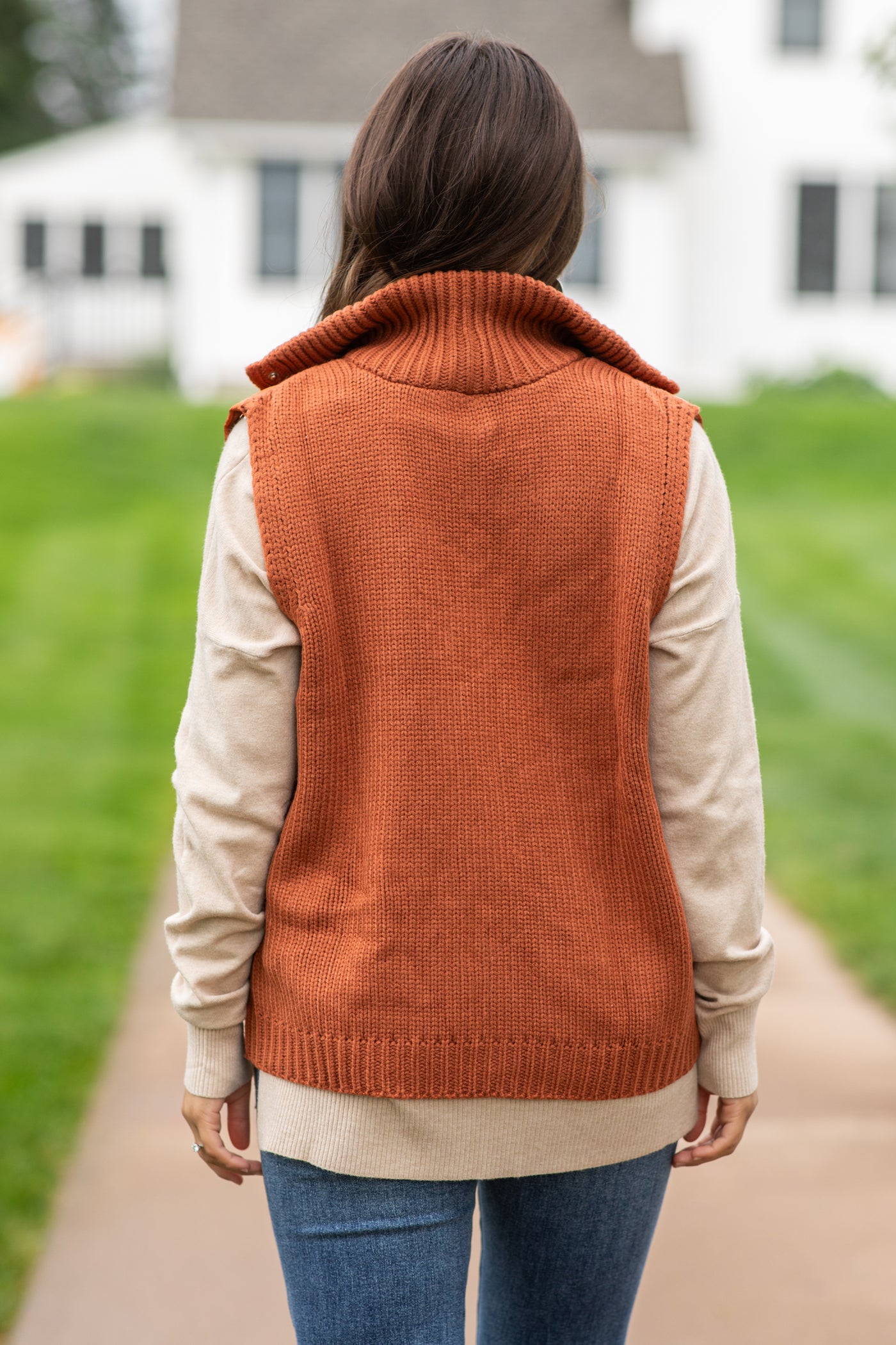 Burnt Orange Snap Front Vest With Sweater Back