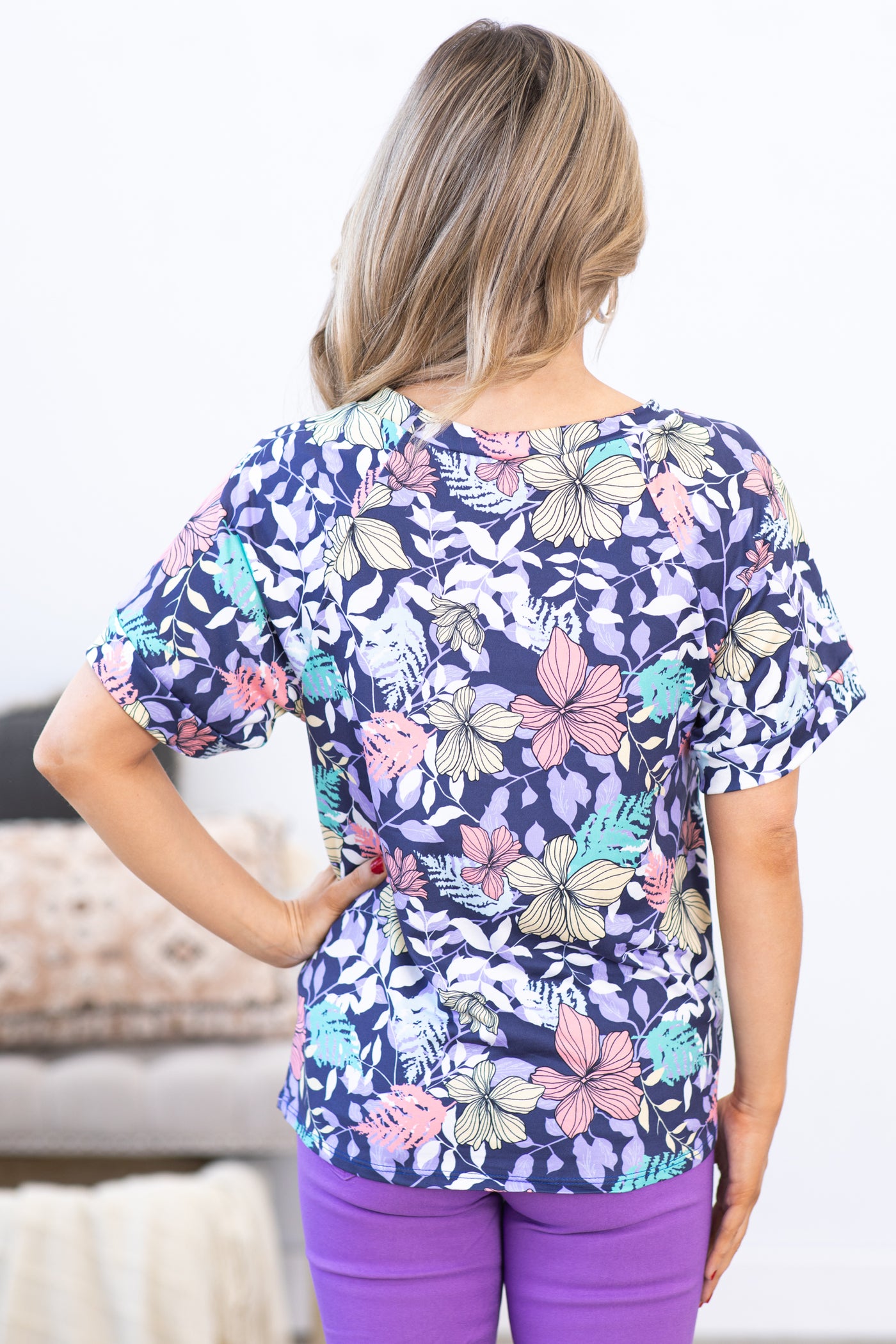 Navy Multicolor Floral Print Top