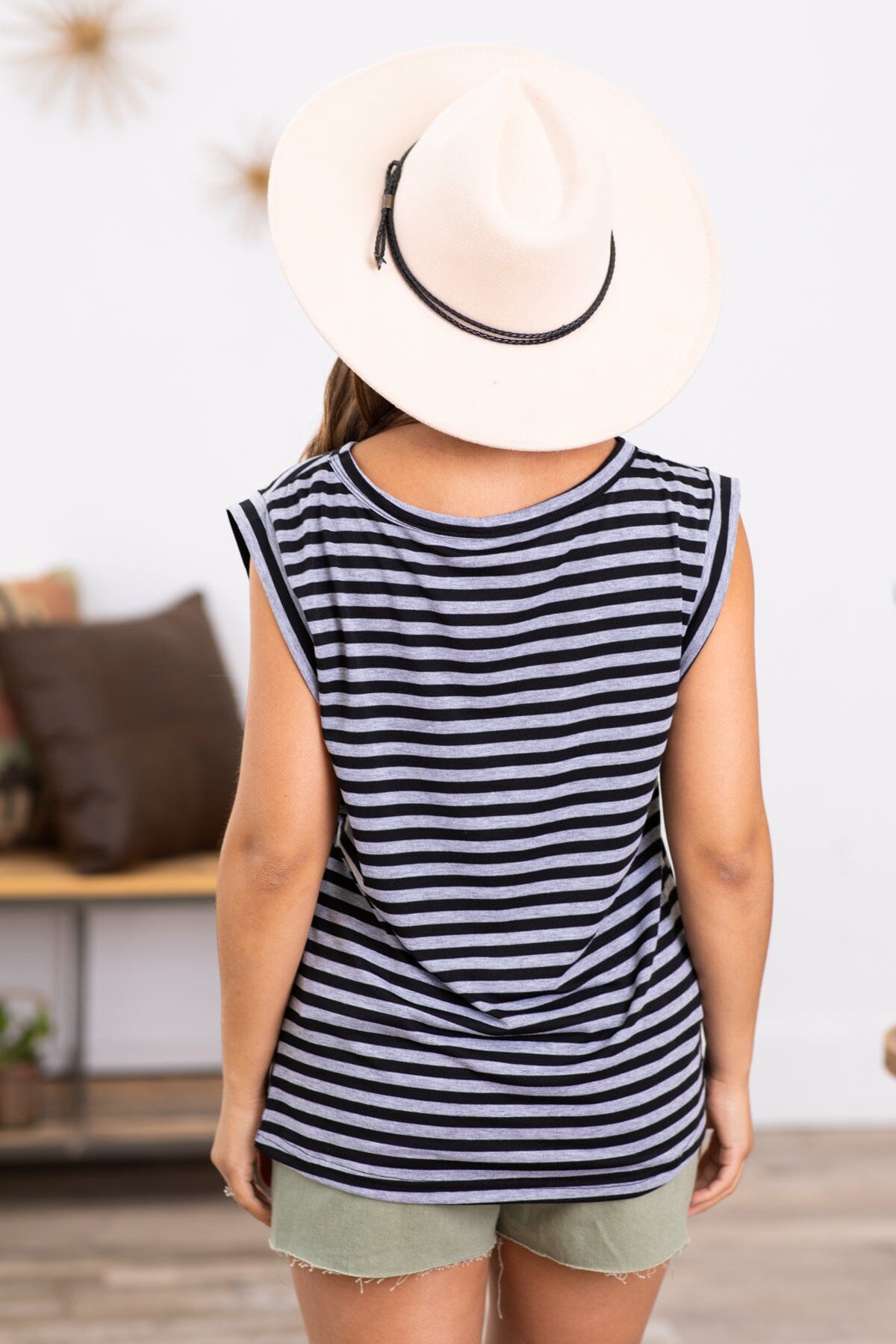 Black and Grey Stripe Boat Neck Tank - Filly Flair