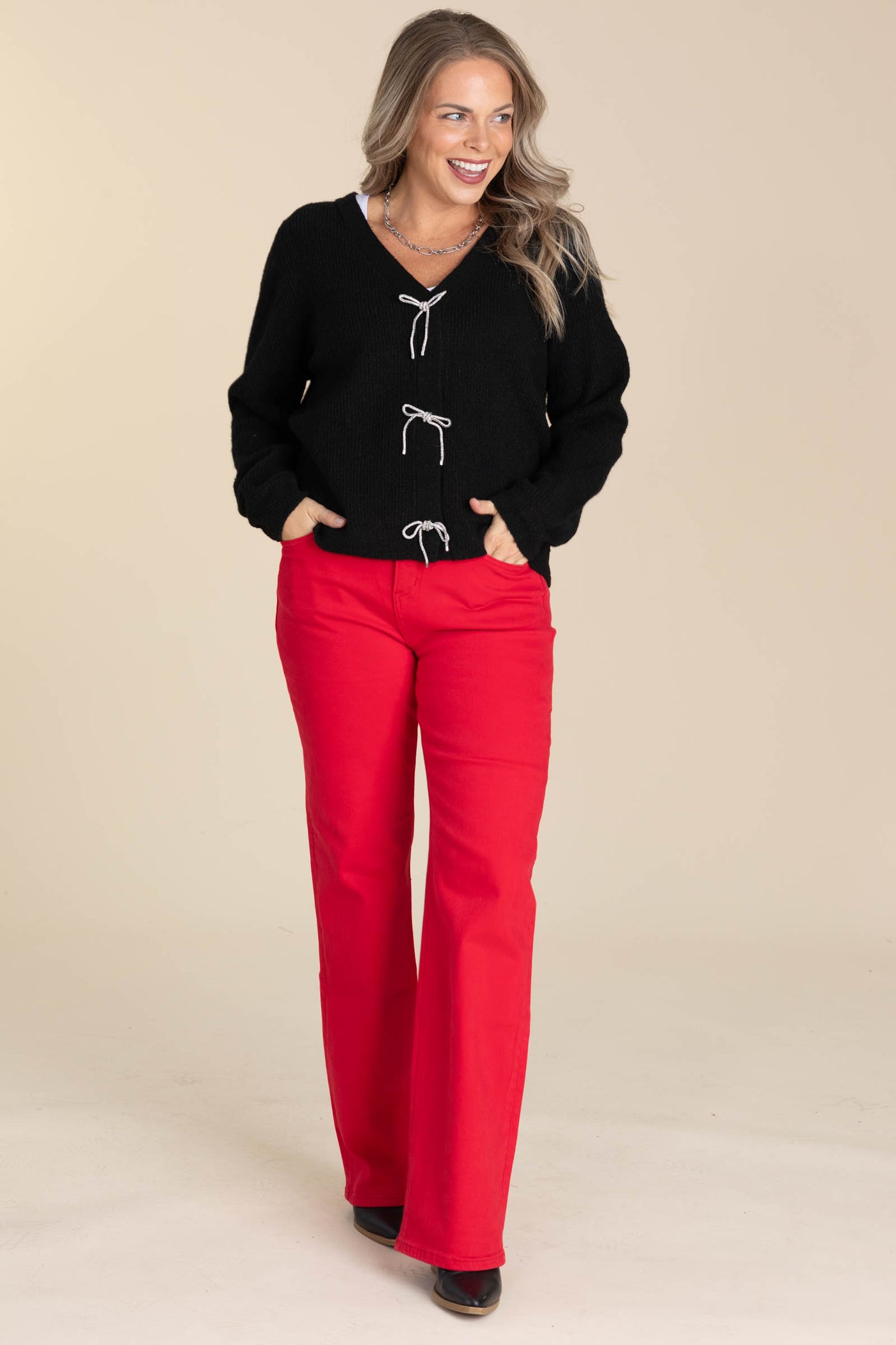 Black V-Neck Long Sleeve Knit Top Front Tie