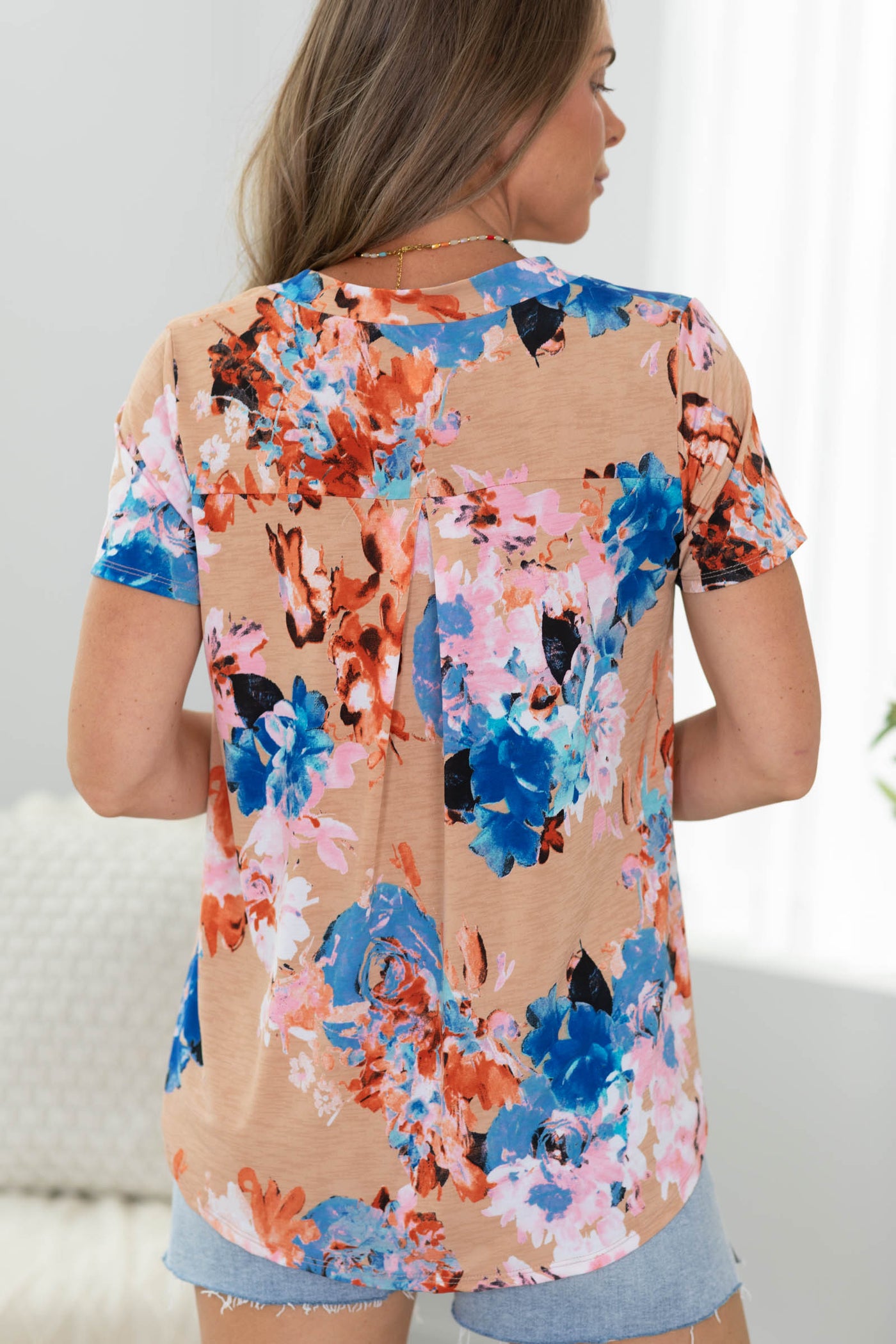 Taupe and Pink Floral Notched Neck Short Sleeve Top