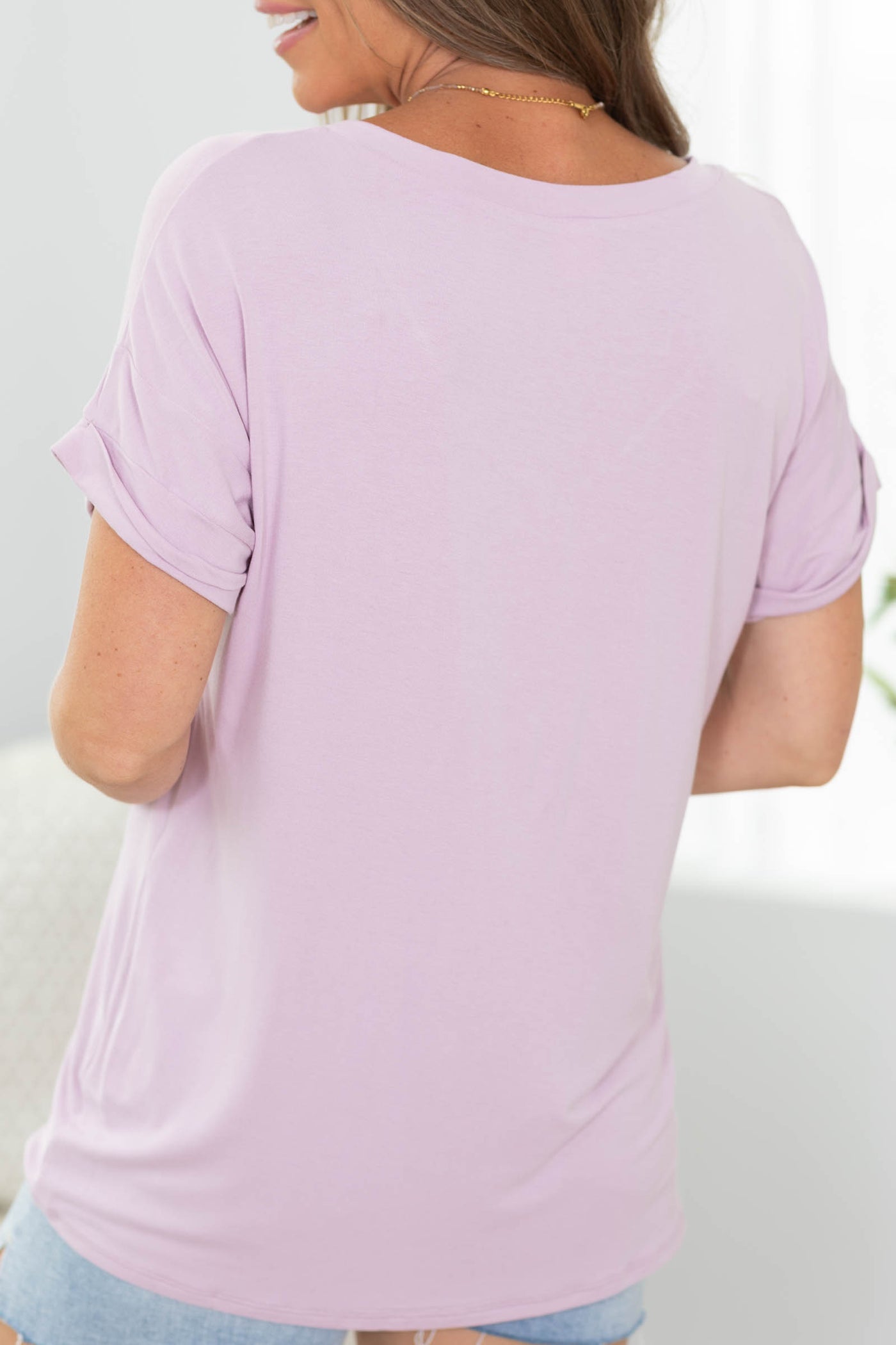 V-Neck Solid Colored Cuffed Sleeve Top with Pocket
