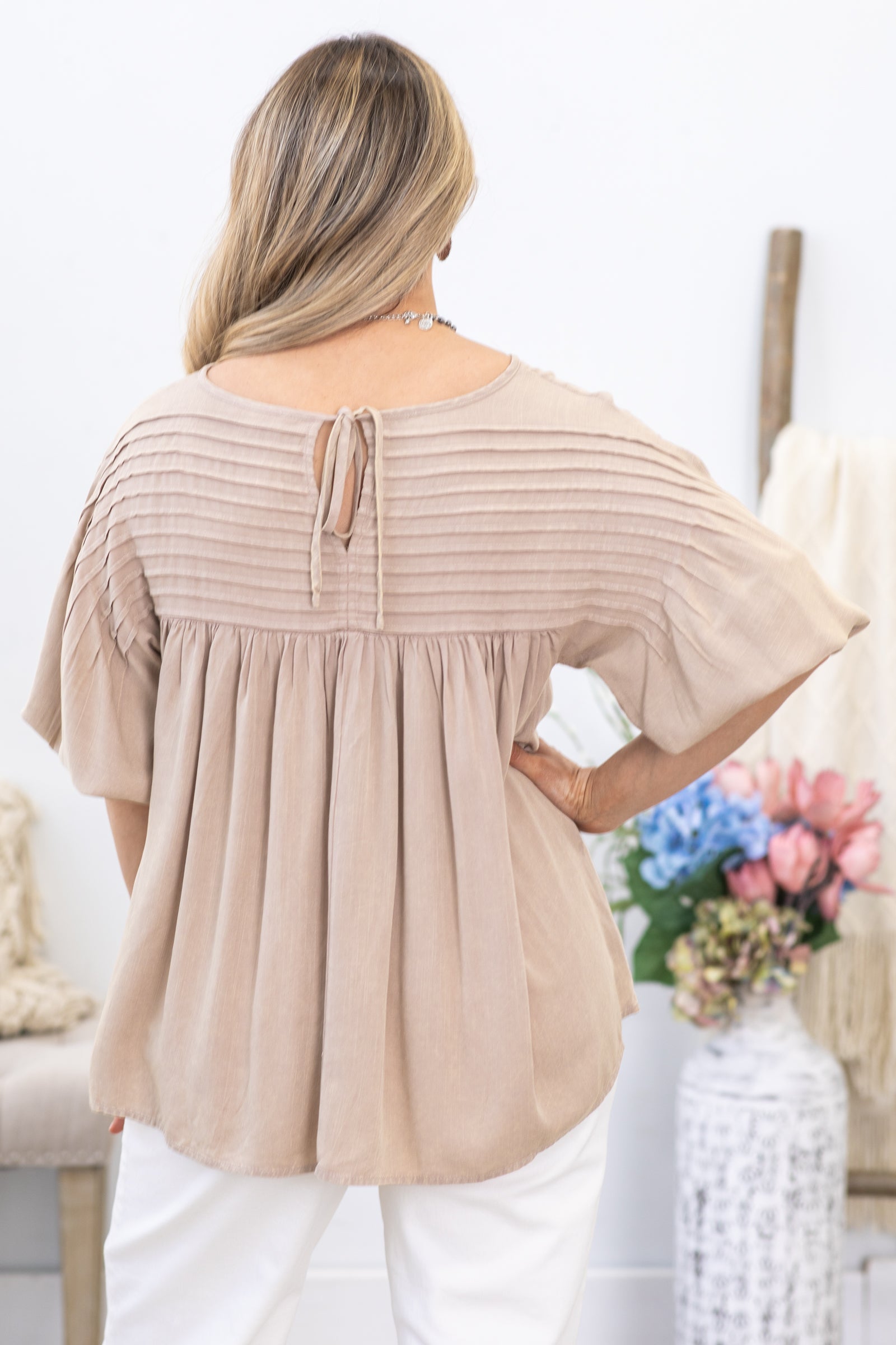 Taupe Pintuck Detail Woven Top