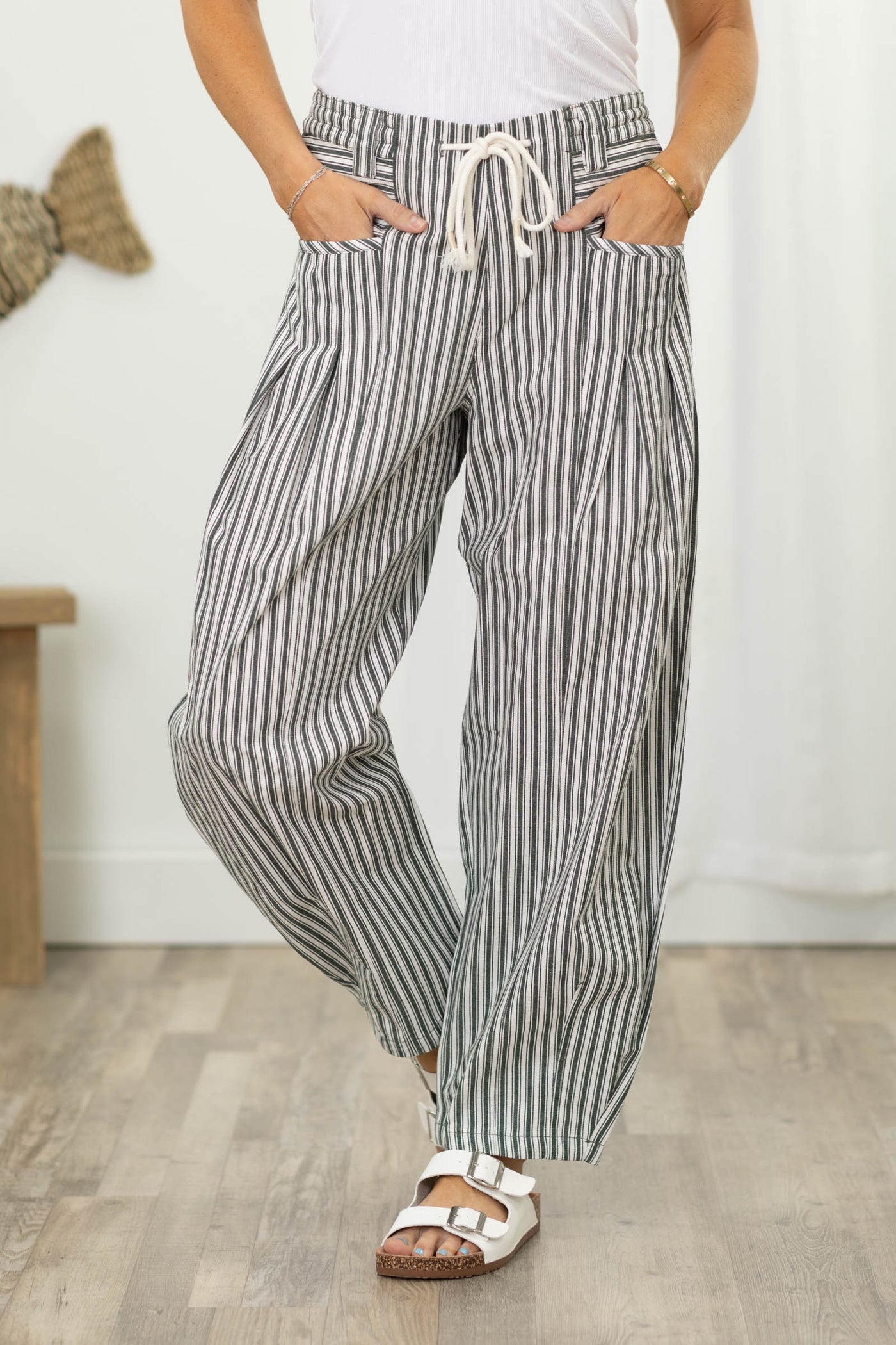 Green Striped Barrel Denim Pants- 100% Cotton
