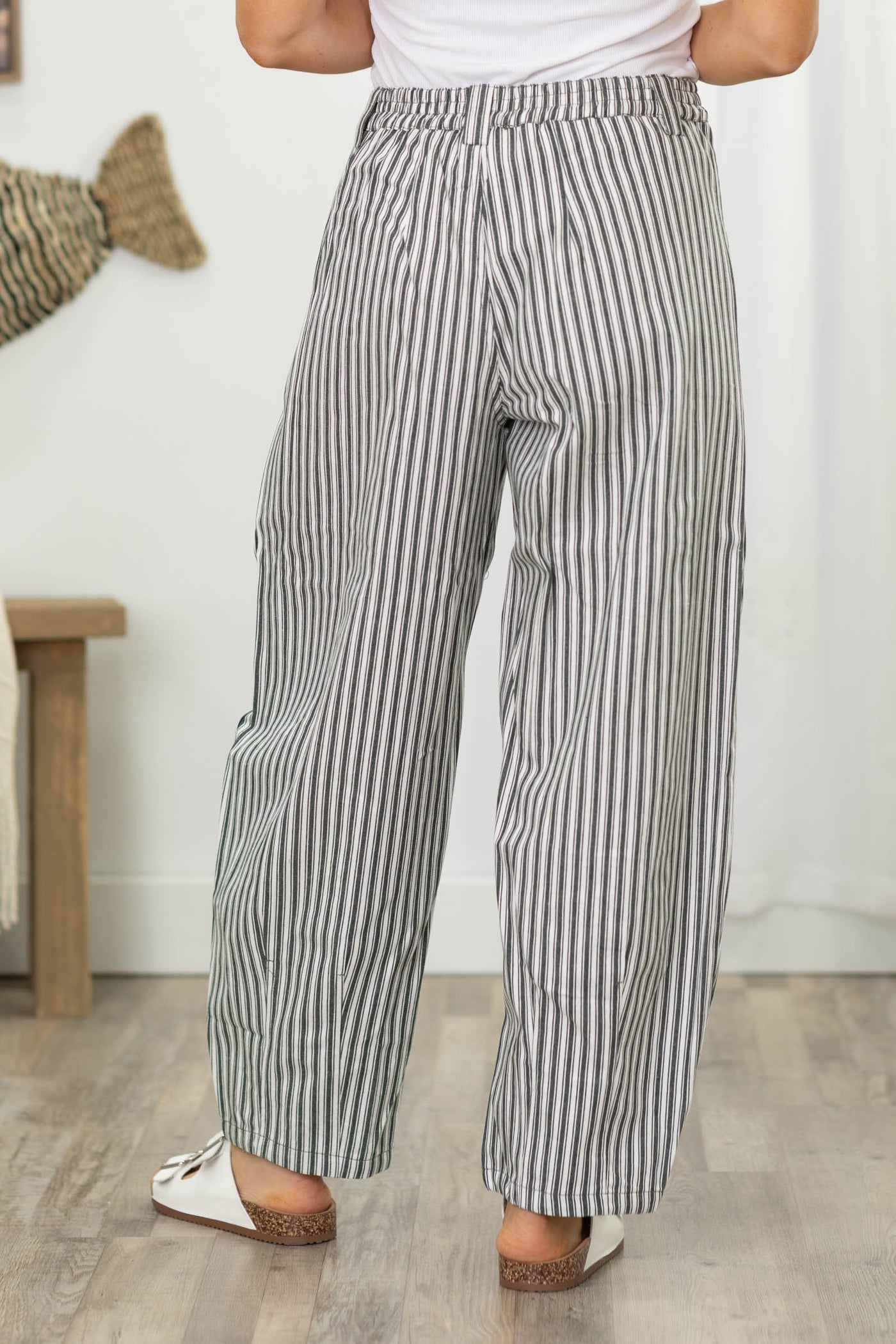 Green Striped Barrel Denim Pants- 100% Cotton
