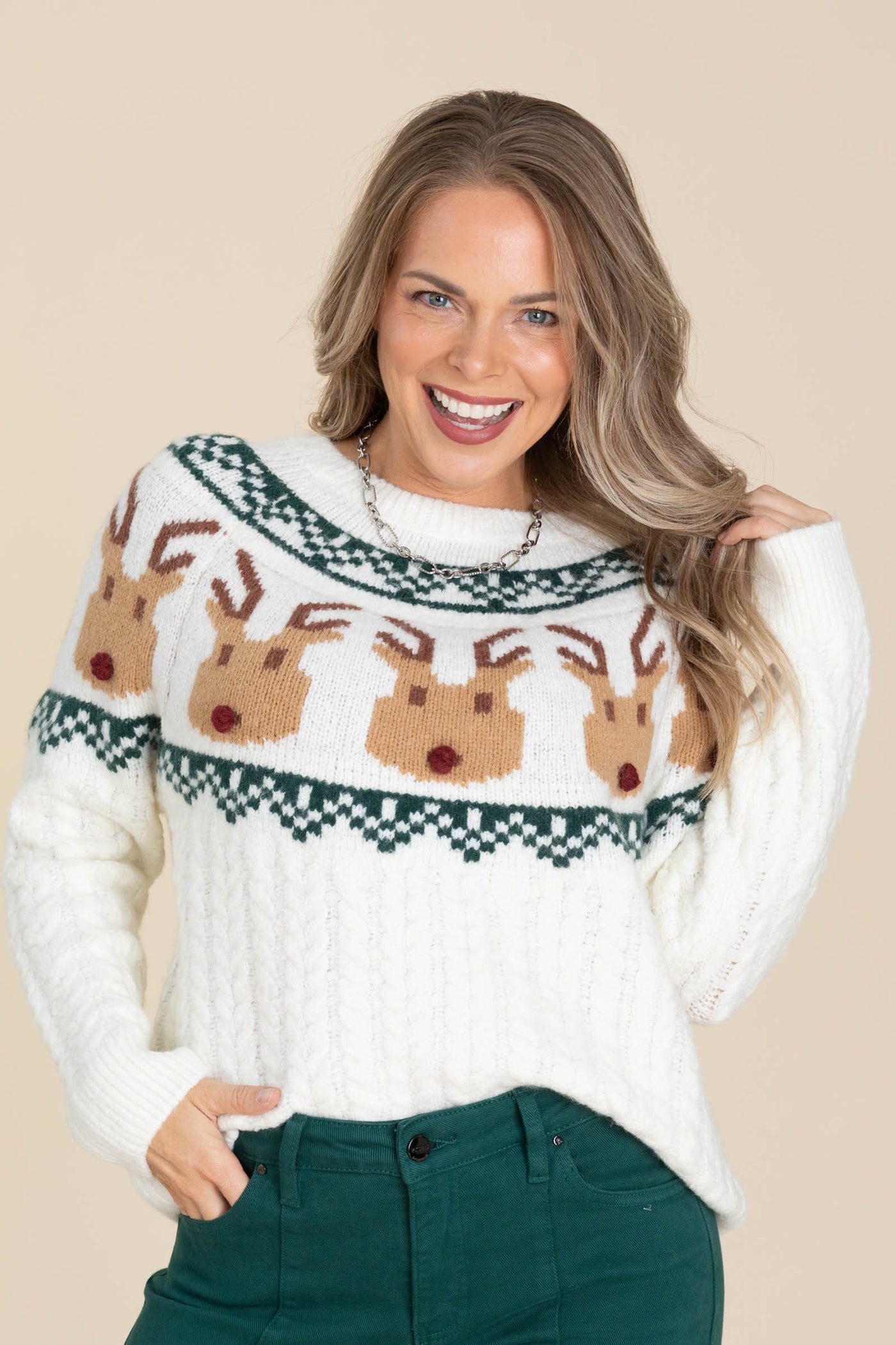 Ivory Reindeer Pattern Christmas Sweater
