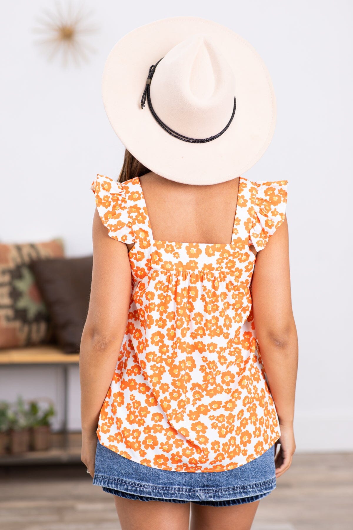 Orange and White Floral Square Neck Top - Filly Flair