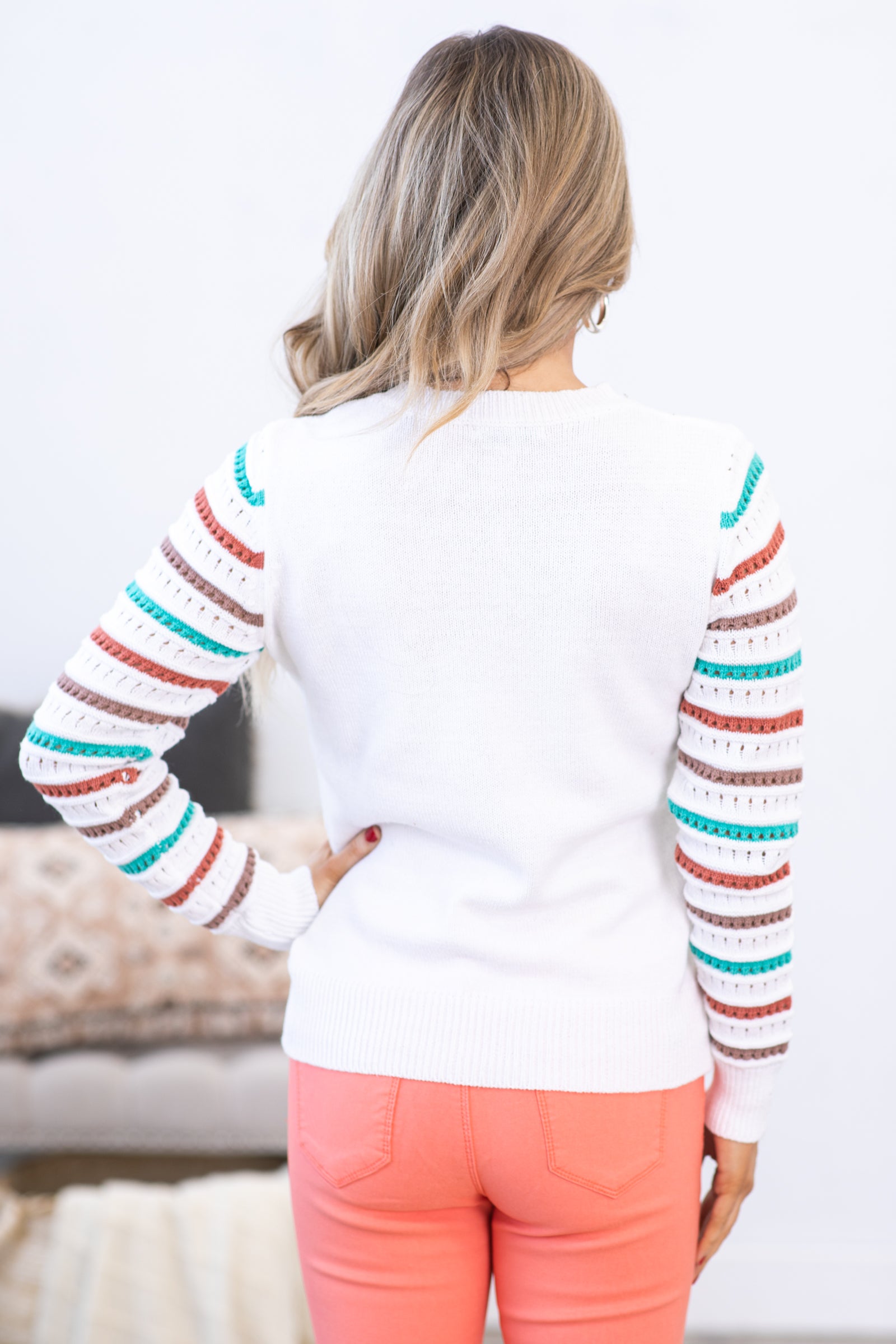 Off White Sweater With Teal Stripe Arm Detail