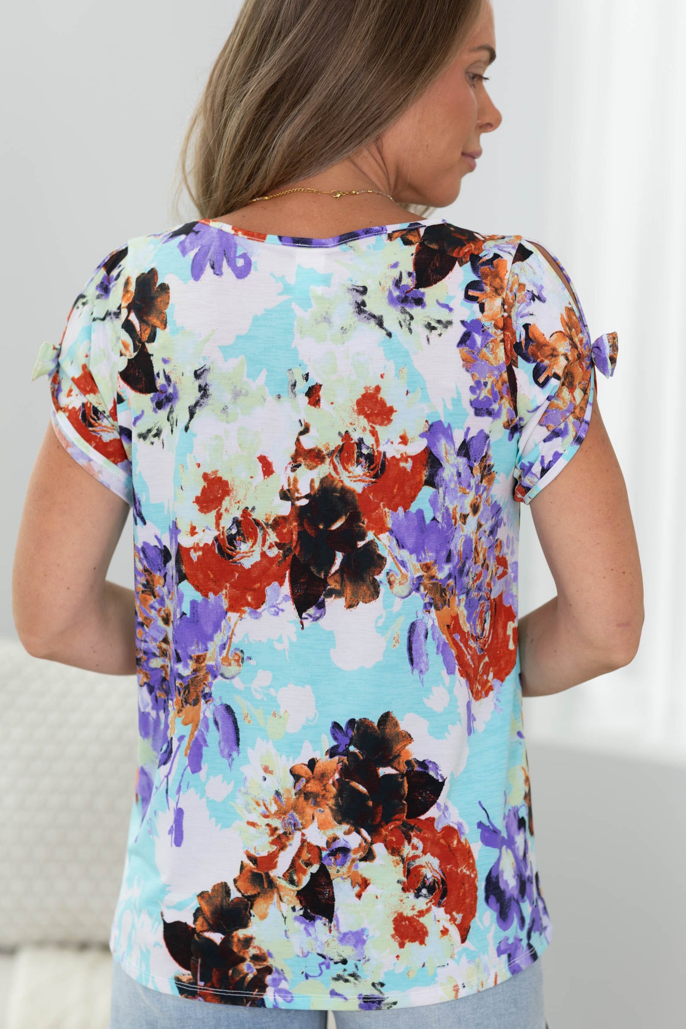 Aqua and Purple Floral Patterned Short Sleeve Top