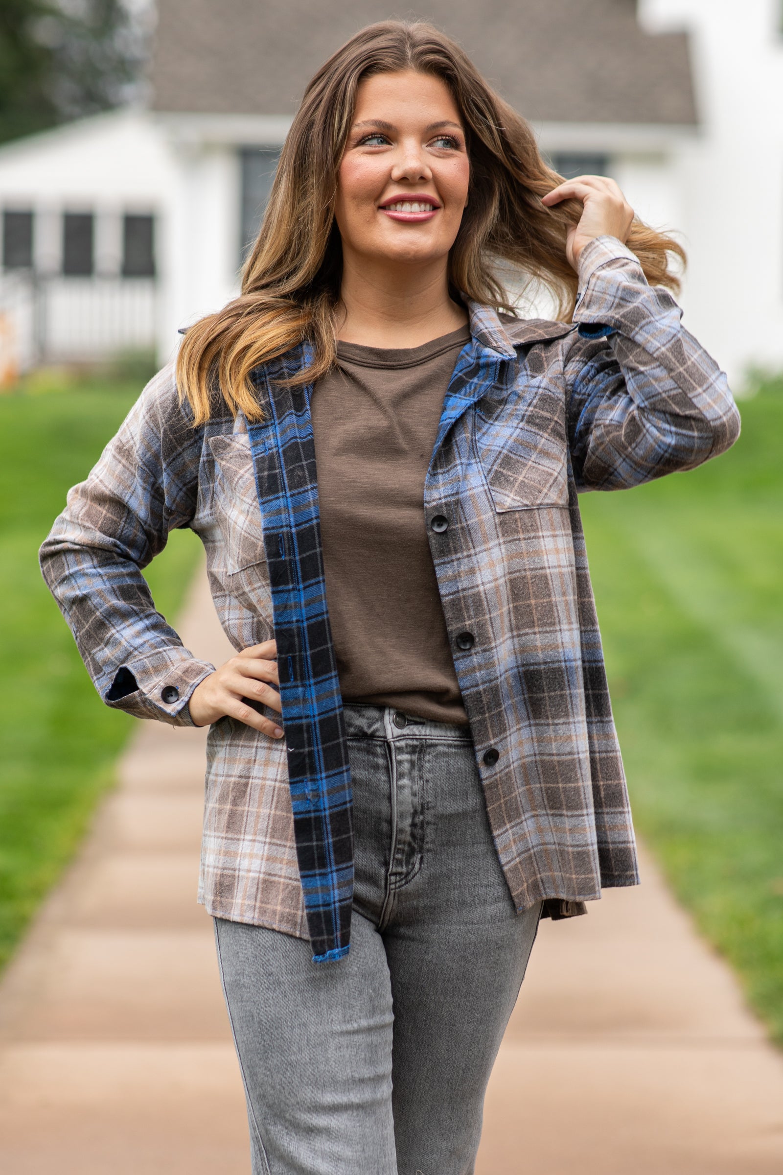 Blue and Brown Washed Plaid Button Up Top