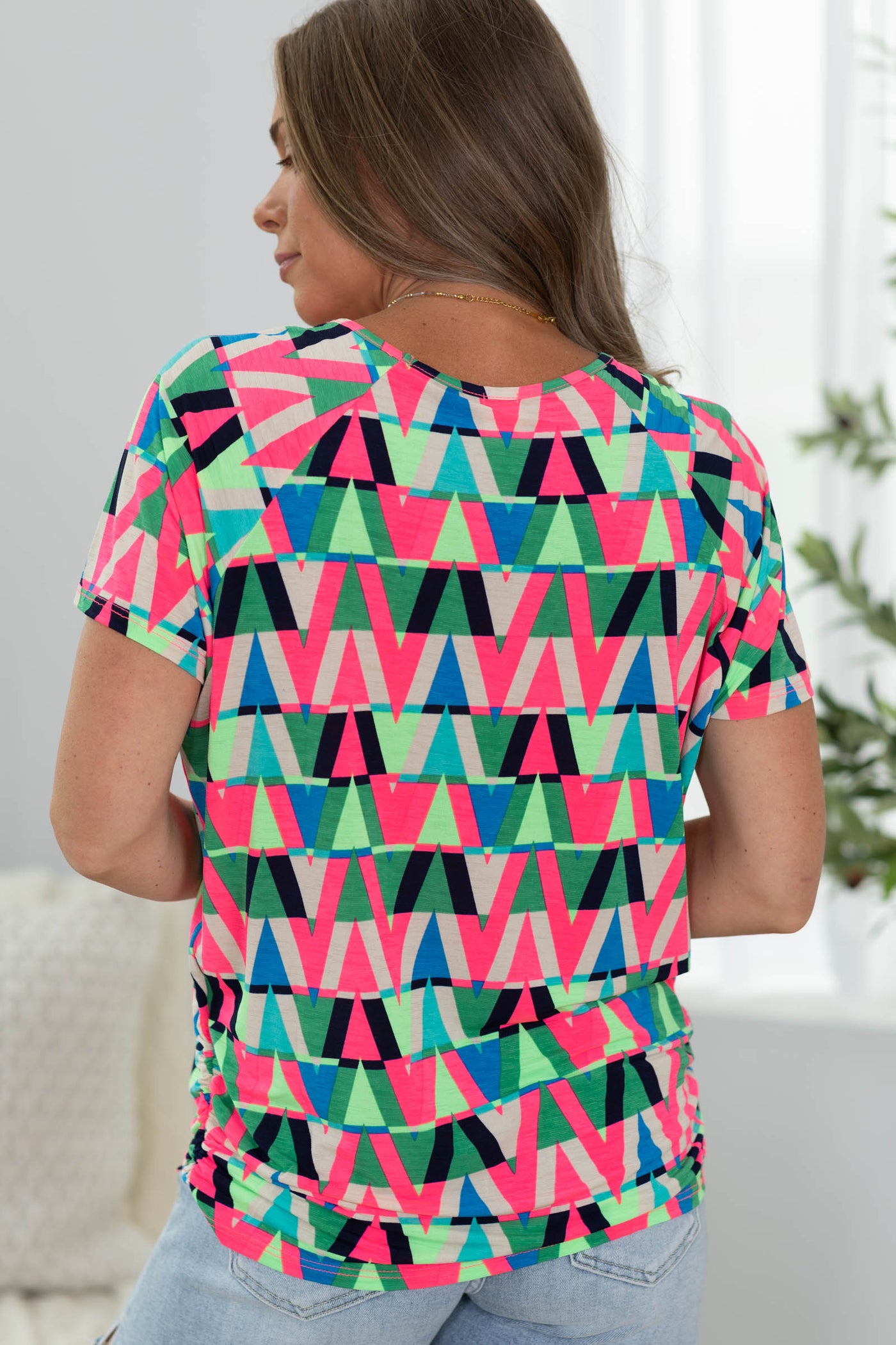Green and Pink Abstract Patterned Short Sleeve Top