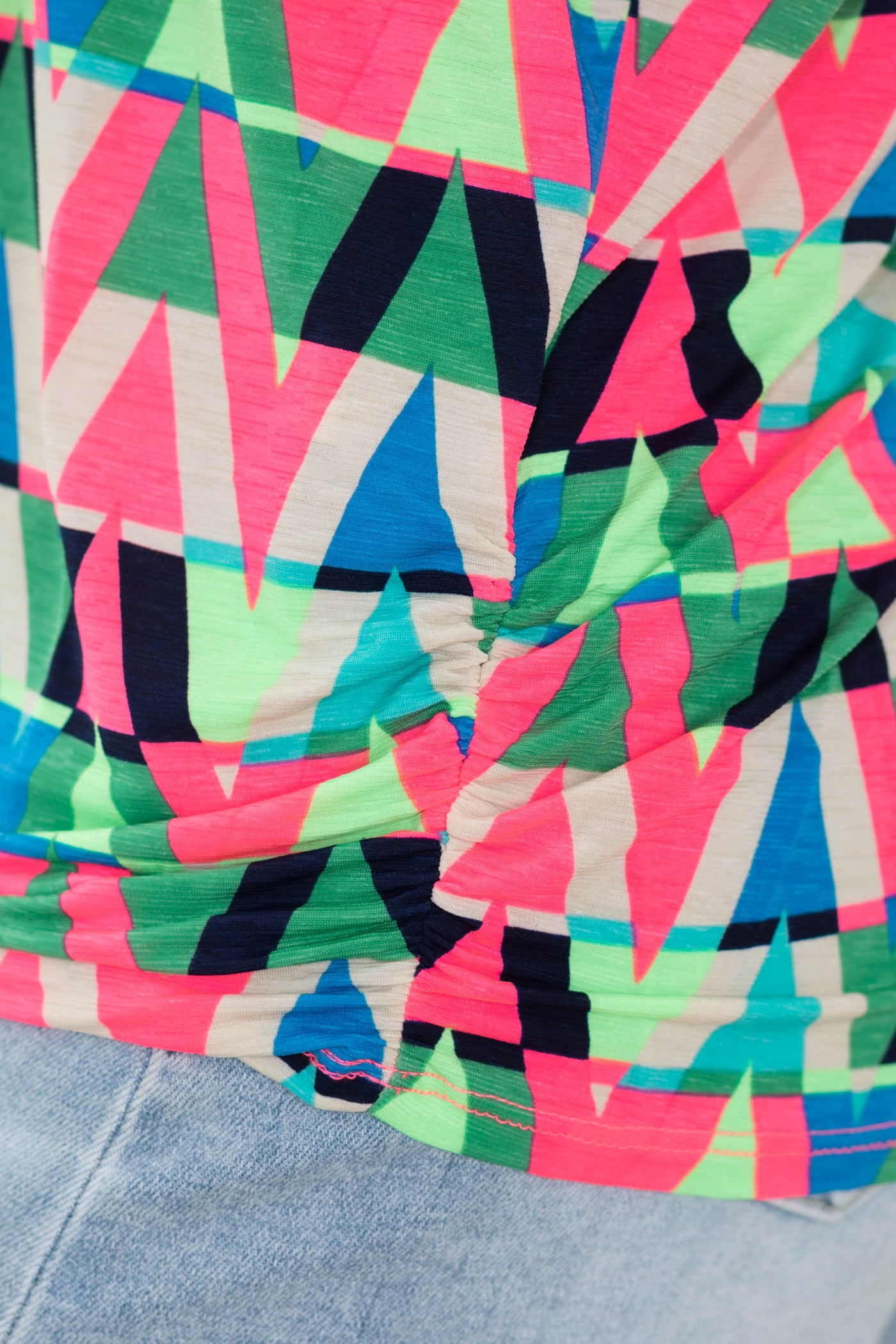 Green and Pink Abstract Patterned Short Sleeve Top